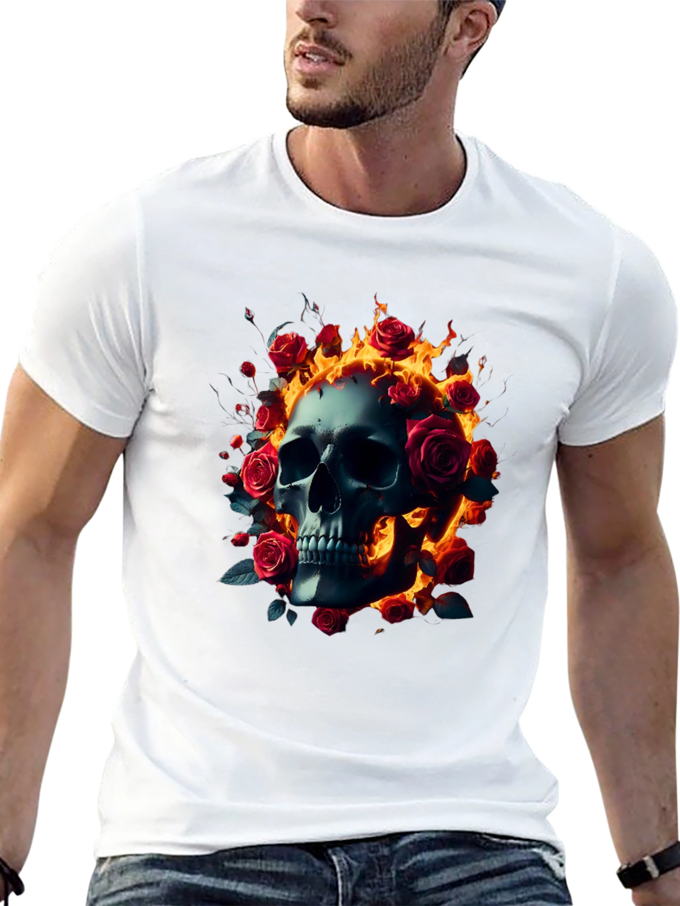 Black Skull Roses Flames T-Shirt - Dark Gothic Tee view 13