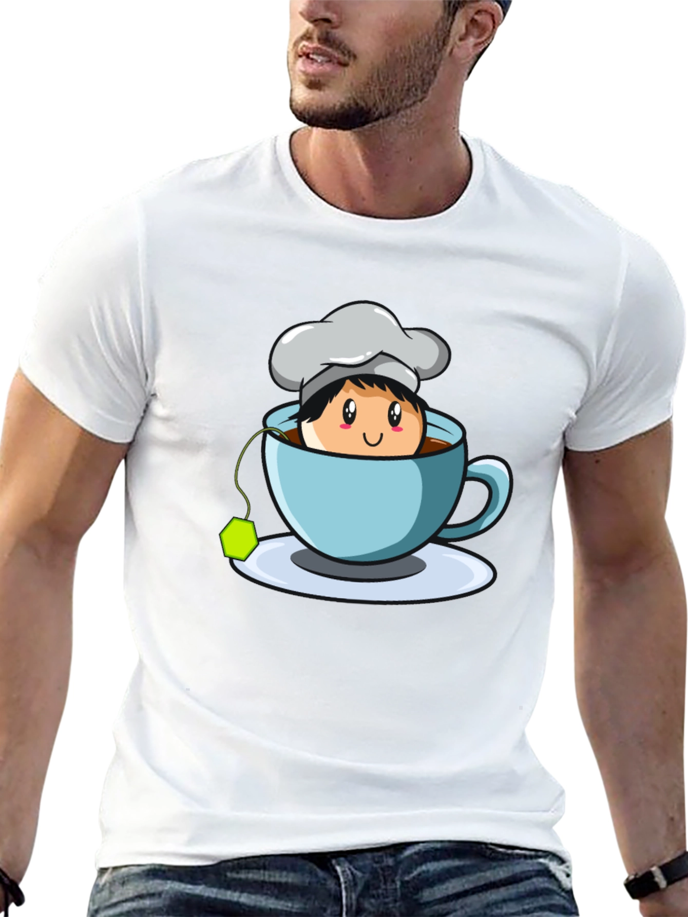 Black Chef Tea Cup Graphic T-Shirt - Cute Cartoon Design view 13