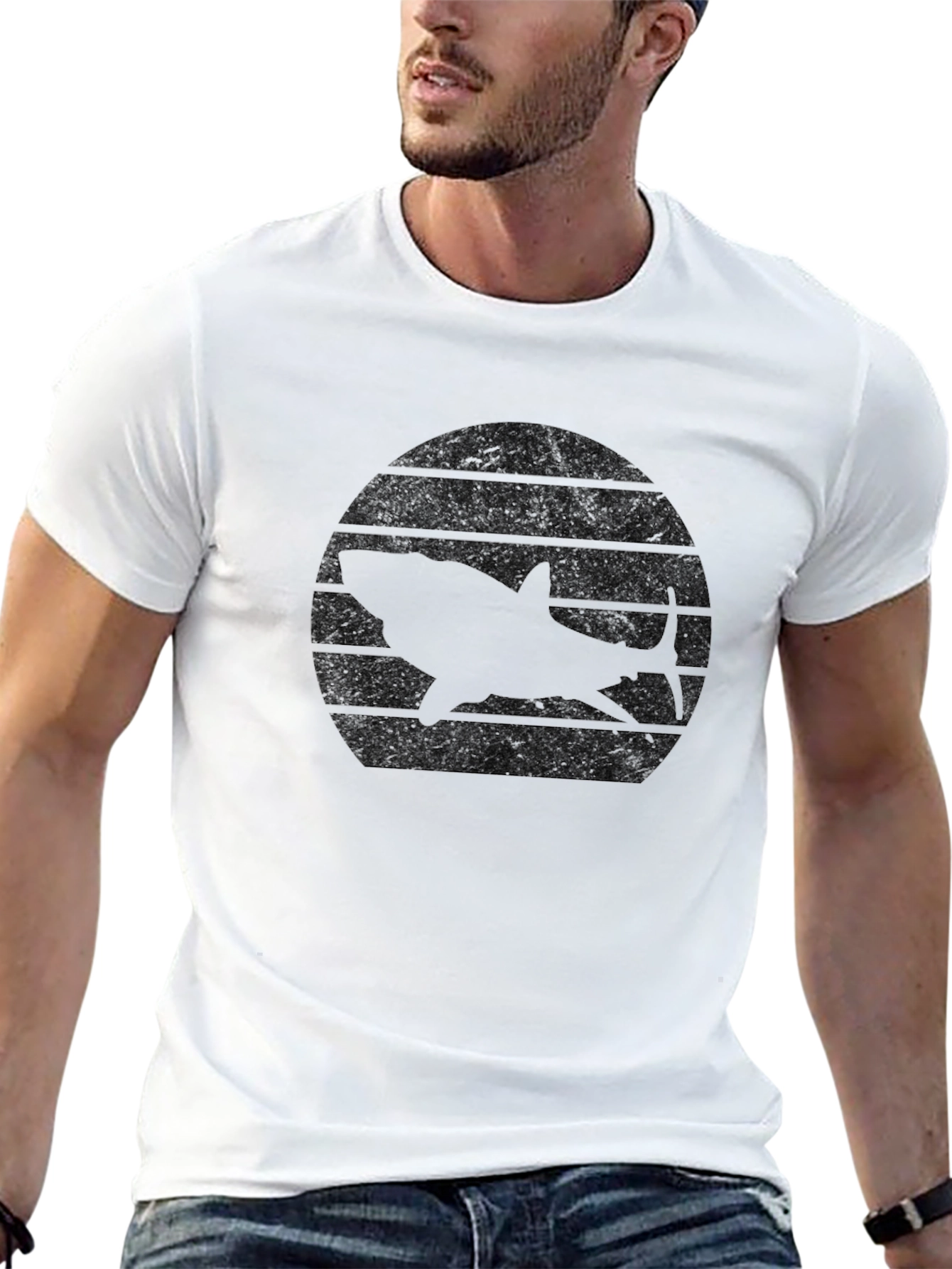 Black Retro Shark Sunset Black T-Shirt view 13