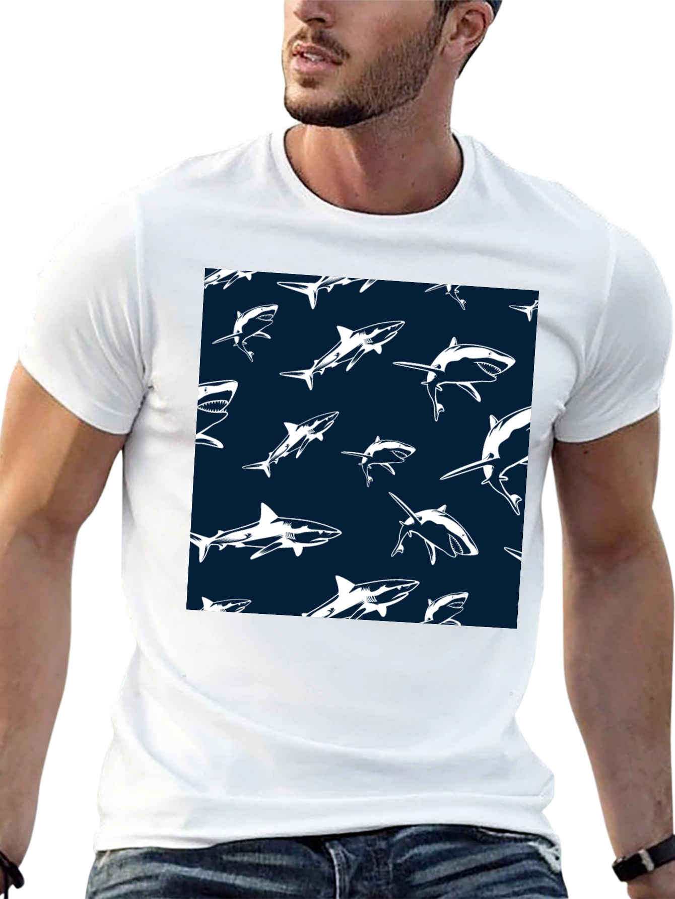 Black Shark Pattern T-Shirt - Cool Graphic Tee view 13