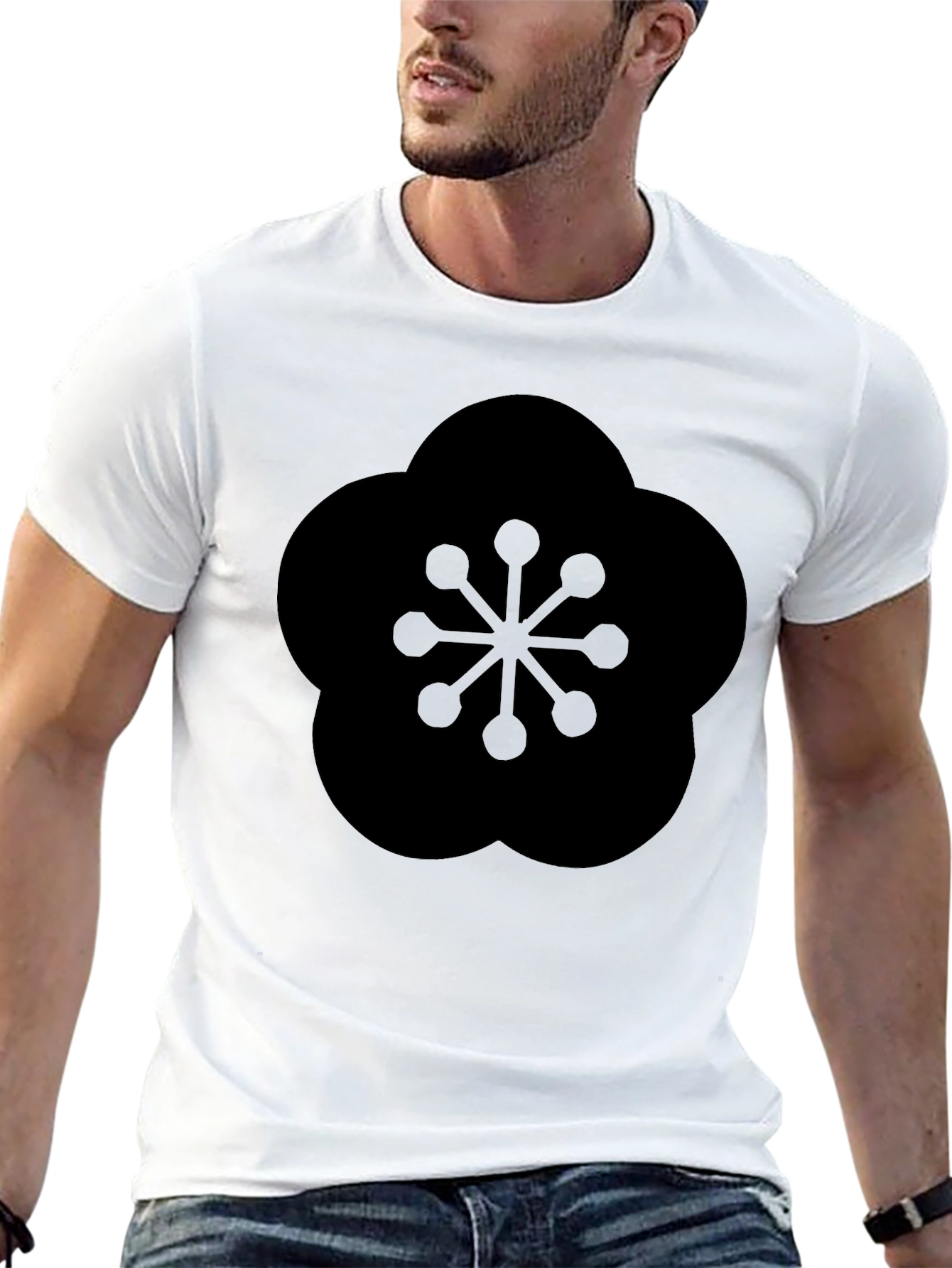 Black Black T-Shirt with Geometric Plum Blossom Design view 13