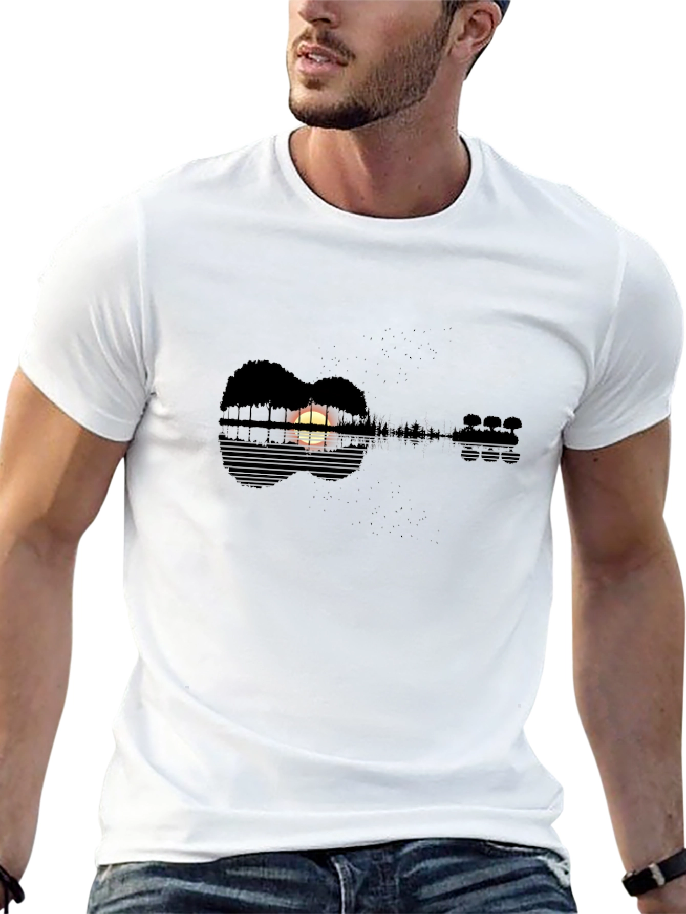 Black Guitar Sunset T-Shirt - Nature Music Lover Tee view 13