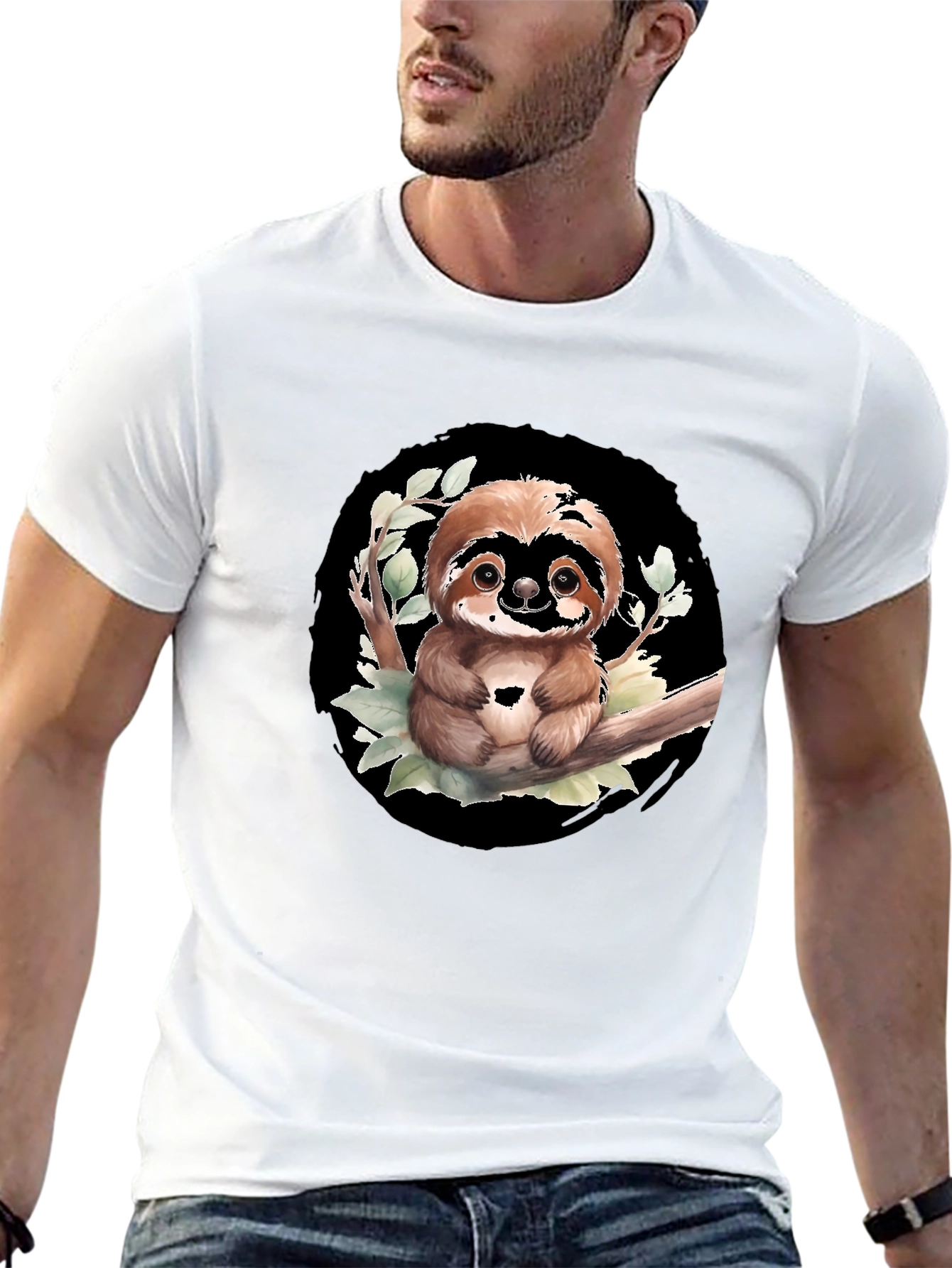 Black Cute Sloth on Branch Graphic Tee - Black T-Shirt view 13