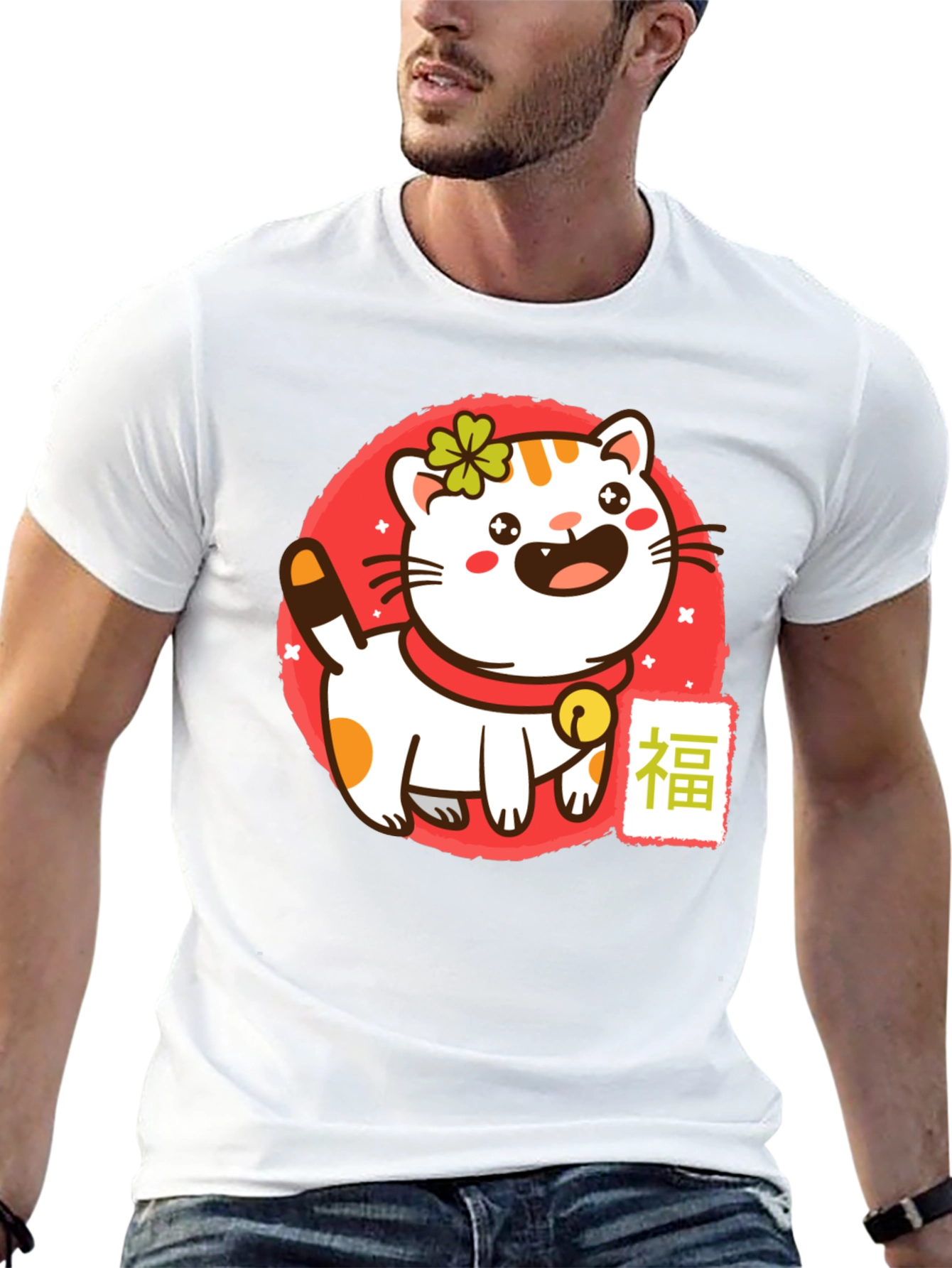 Black Lucky Cat Graphic Tee - Black Cotton T-Shirt view 13