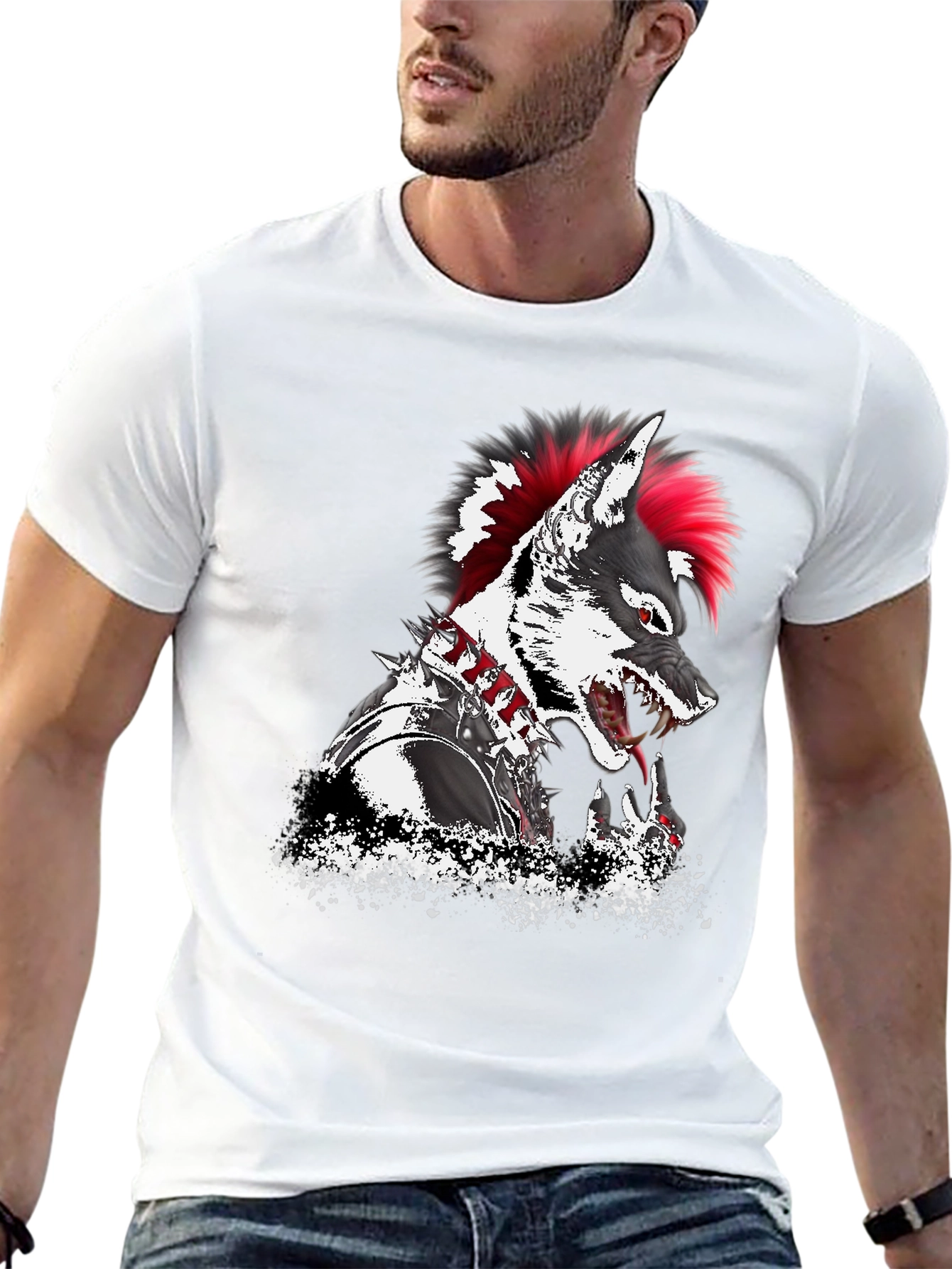 Black Punk Wolf Graphic T-Shirt - Unique Design view 13