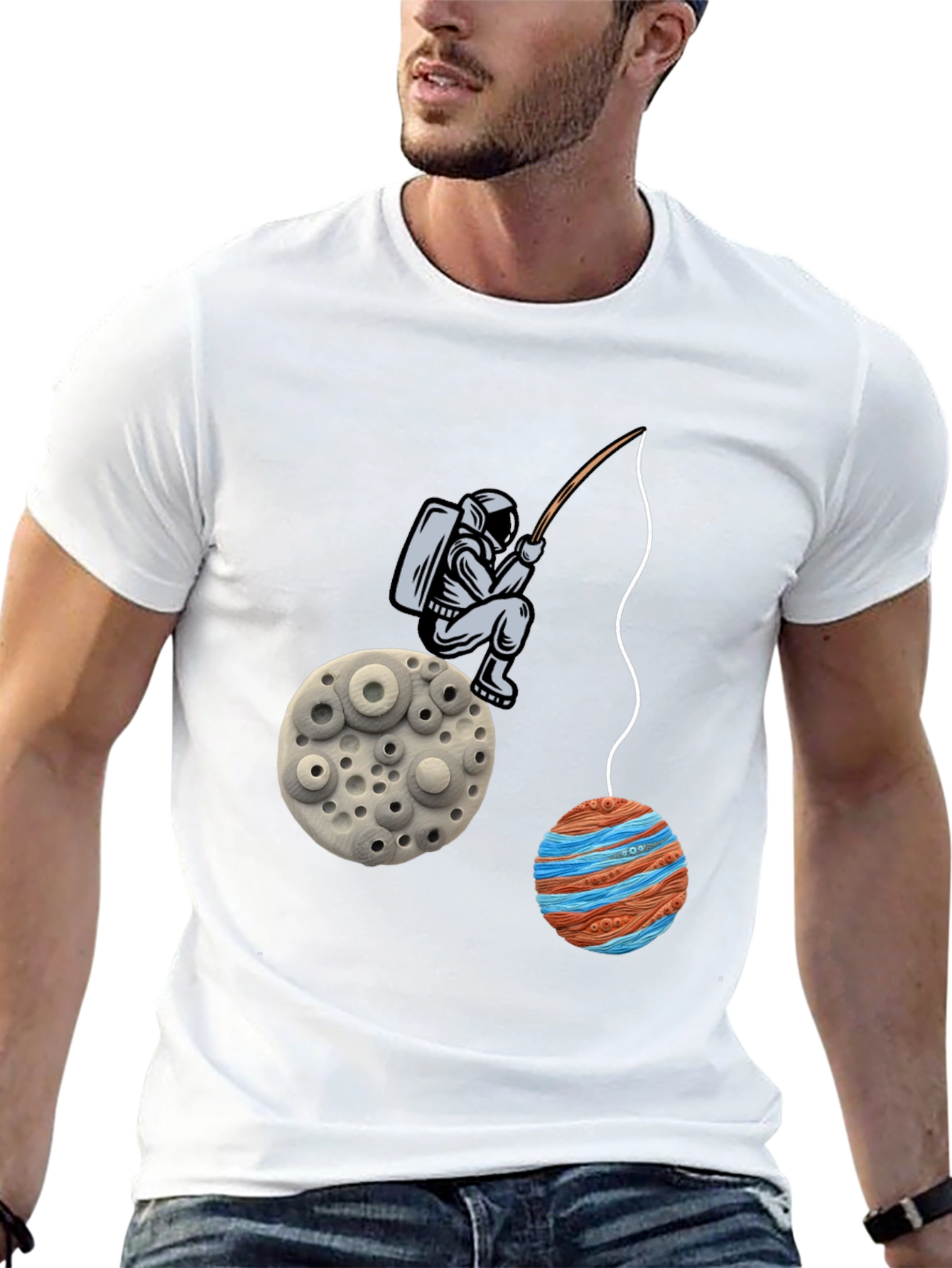 Black Astronaut Fishing Planet Graphic T-Shirt view 13