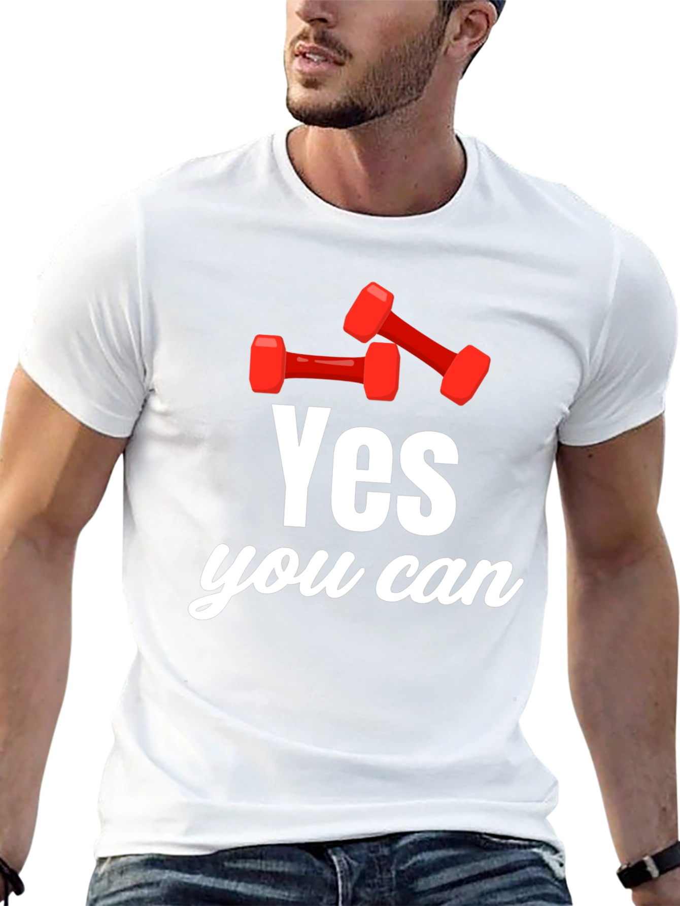 Black Yes You Can! Dumbbell Graphic T-Shirt - Motivational Gym Tee view 13