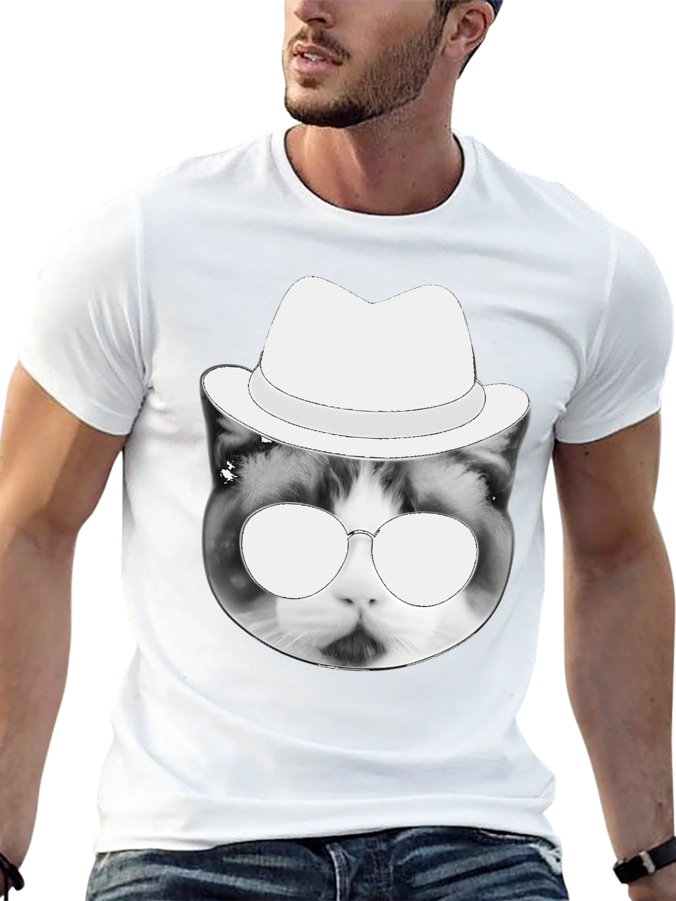 Black Cool Cat Tee: Black T-Shirt with Cat in Hat Graphic view 13