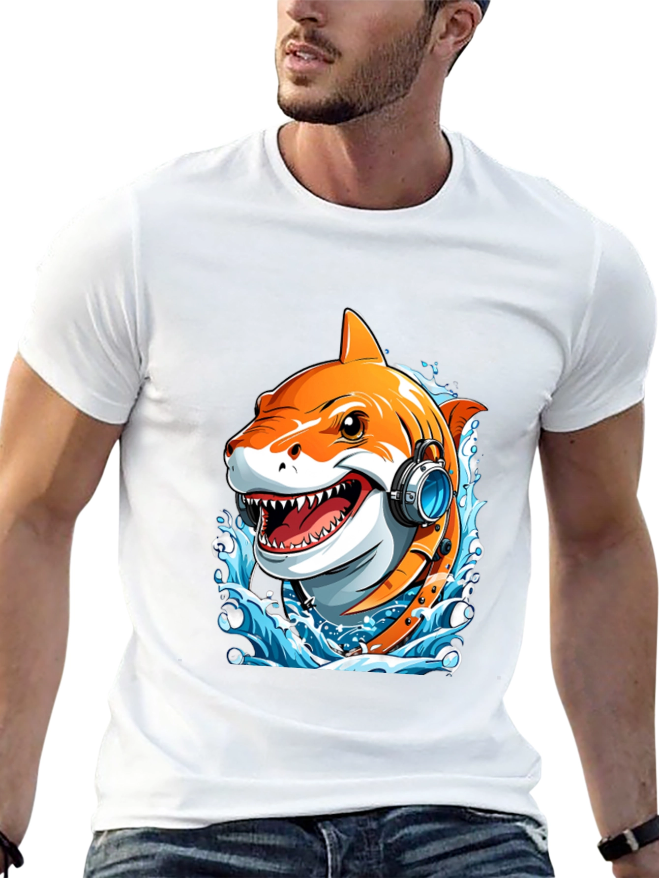 Black Cool Shark Headphones Graphic Tee view 13
