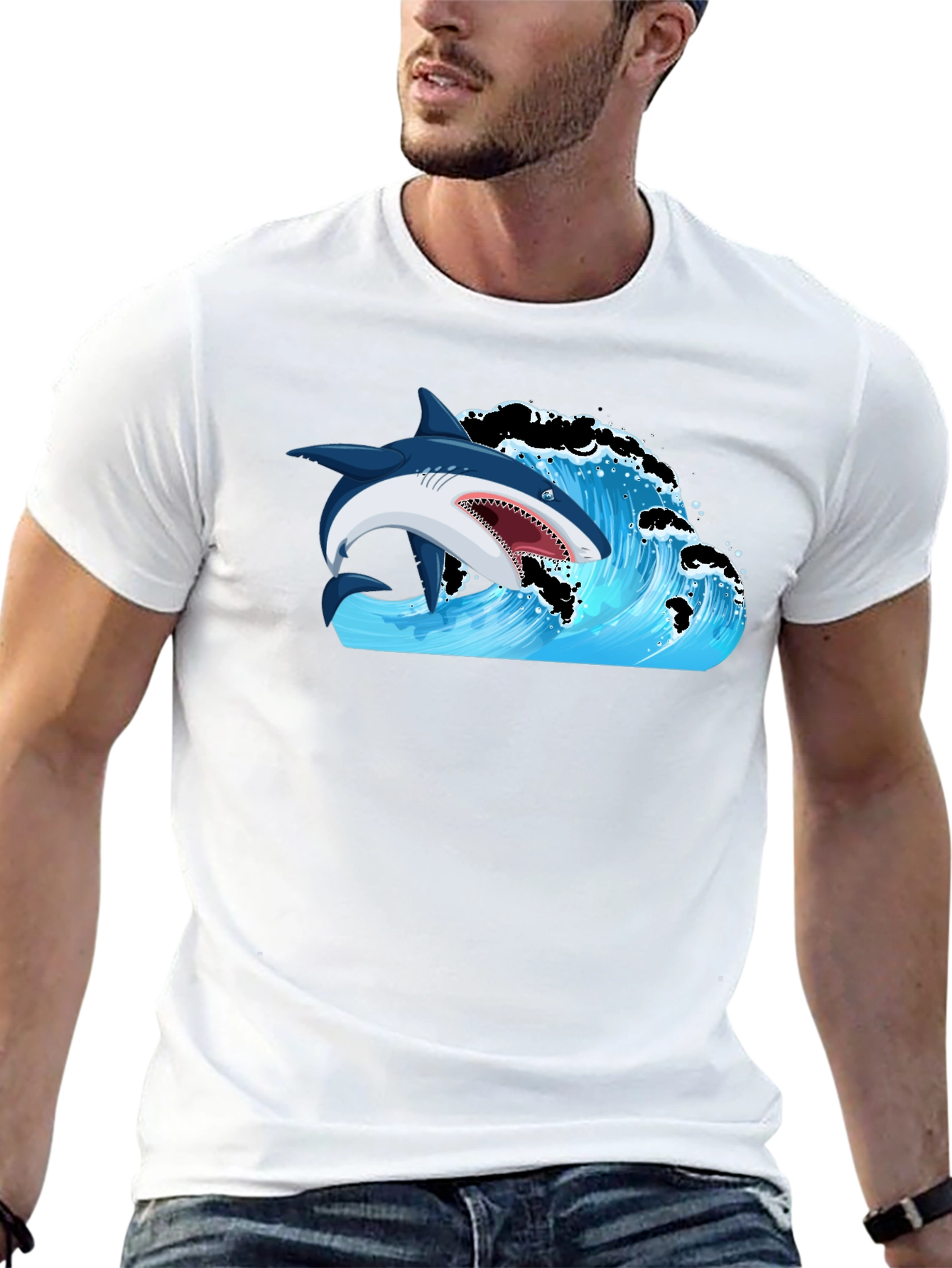 Black Shark Wave Graphic Print T-Shirt view 13