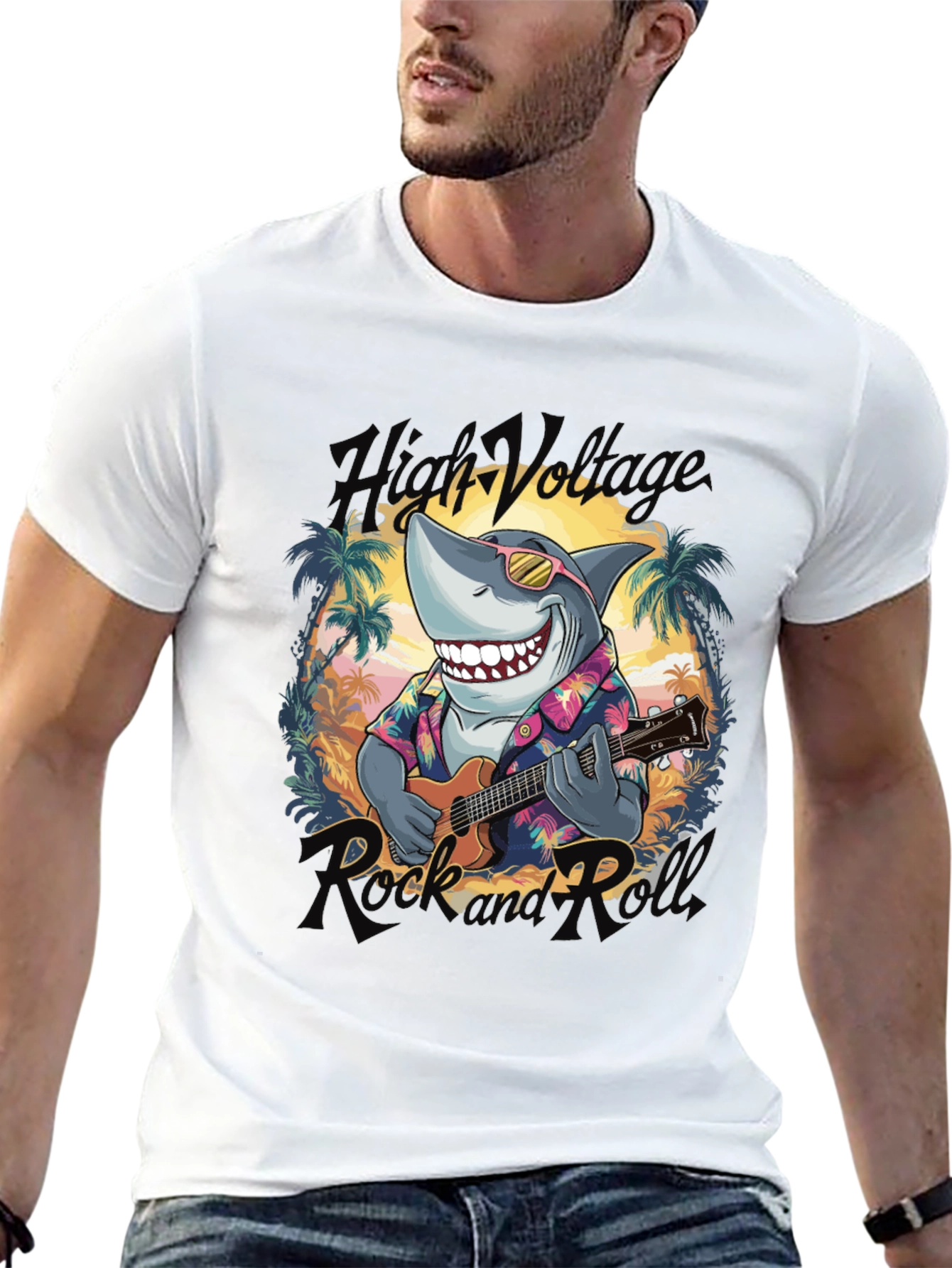 Black High Voltage Rock Shark T-Shirt view 13