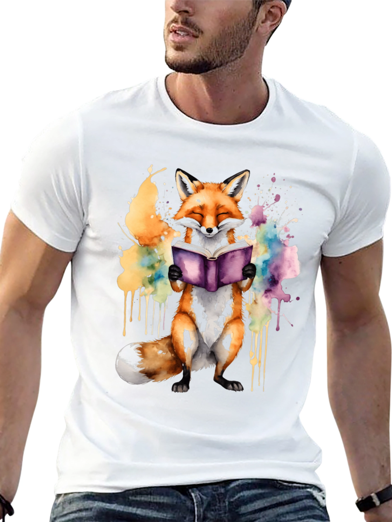 Black Fox Reading Book T-Shirt - Watercolor Design view 13