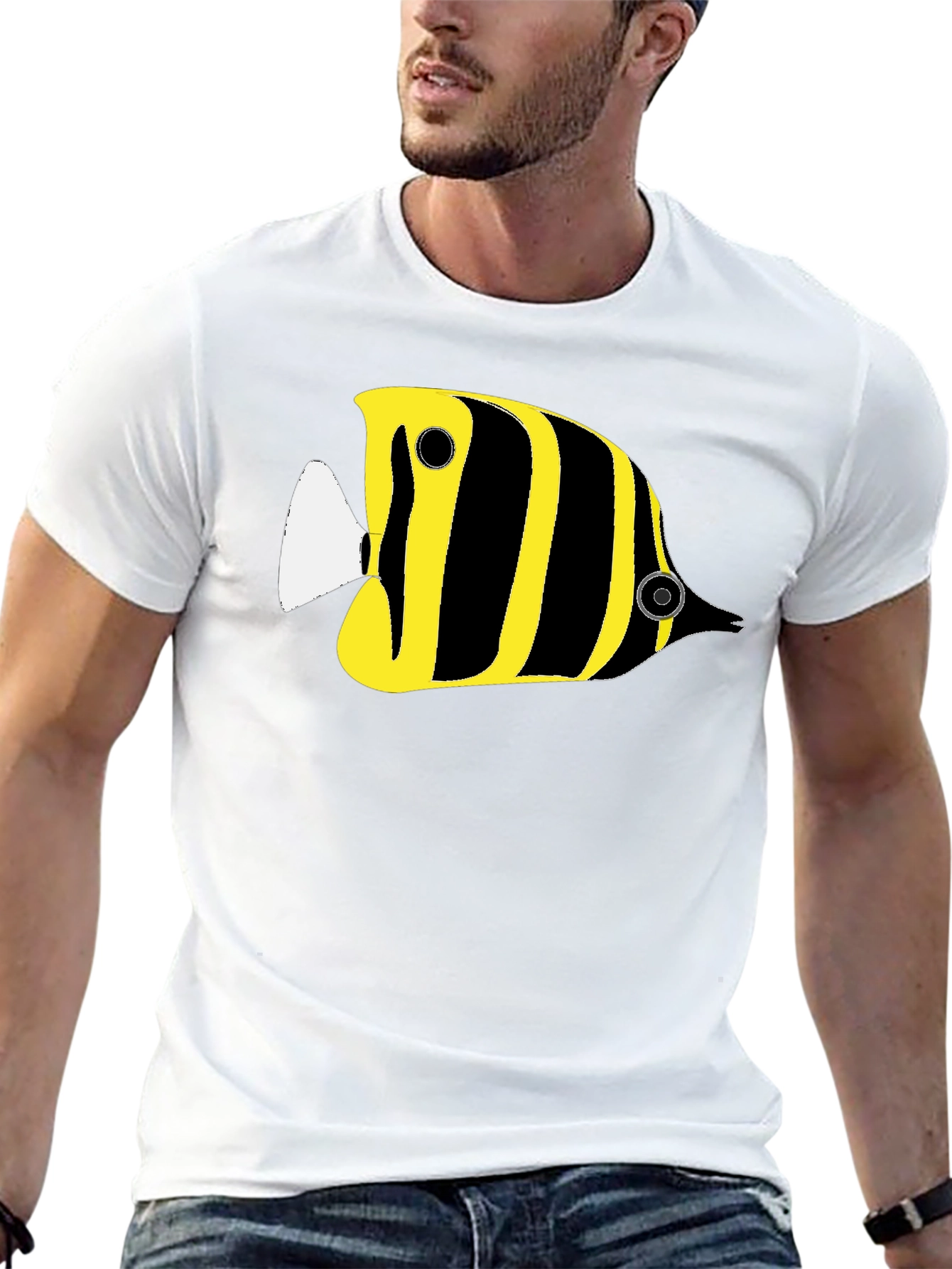 Black Black T-Shirt with Yellow Striped Fish Graphic view 13