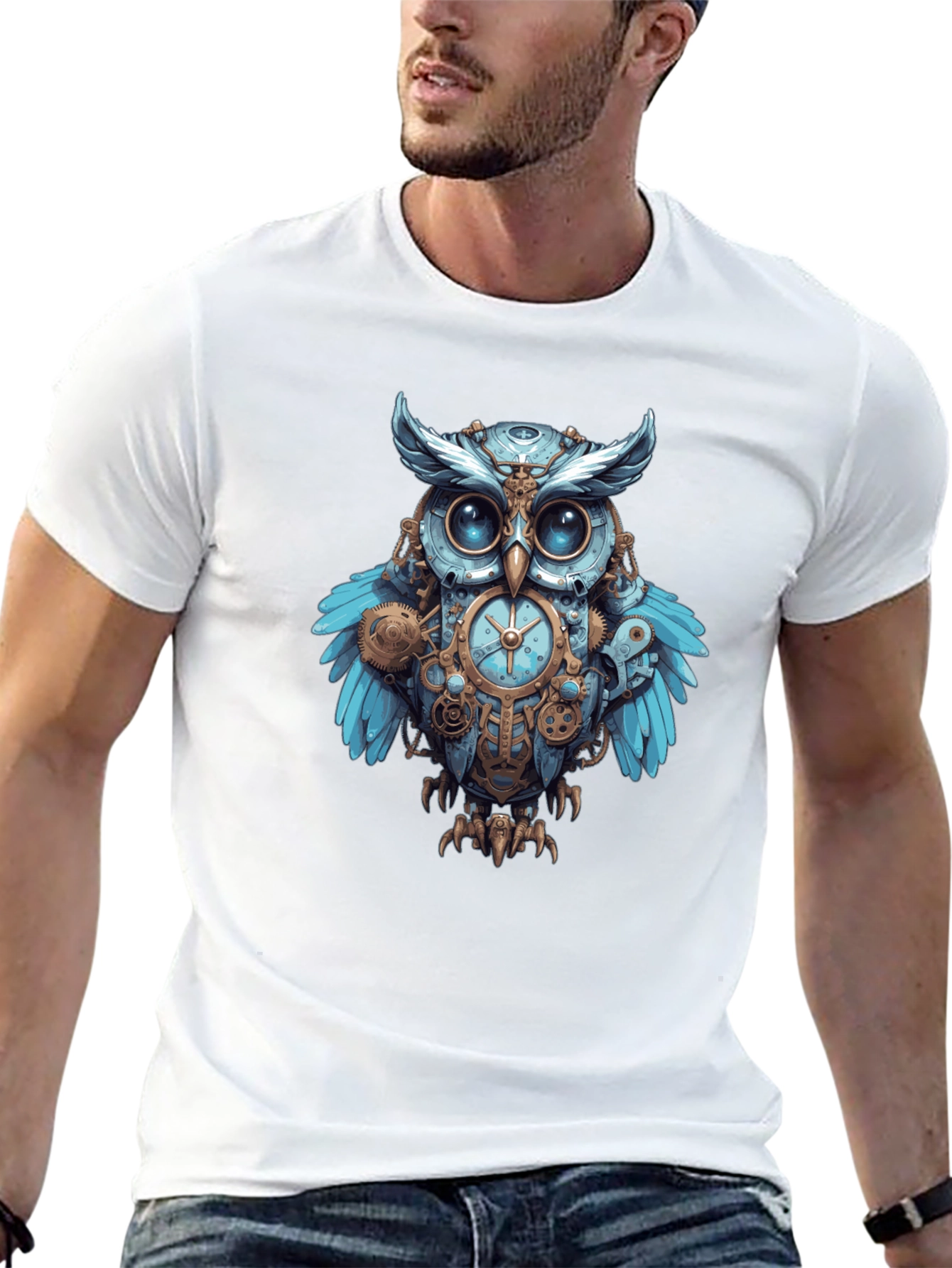 Black Steampunk Owl Graphic Print Men's T-Shirt view 13