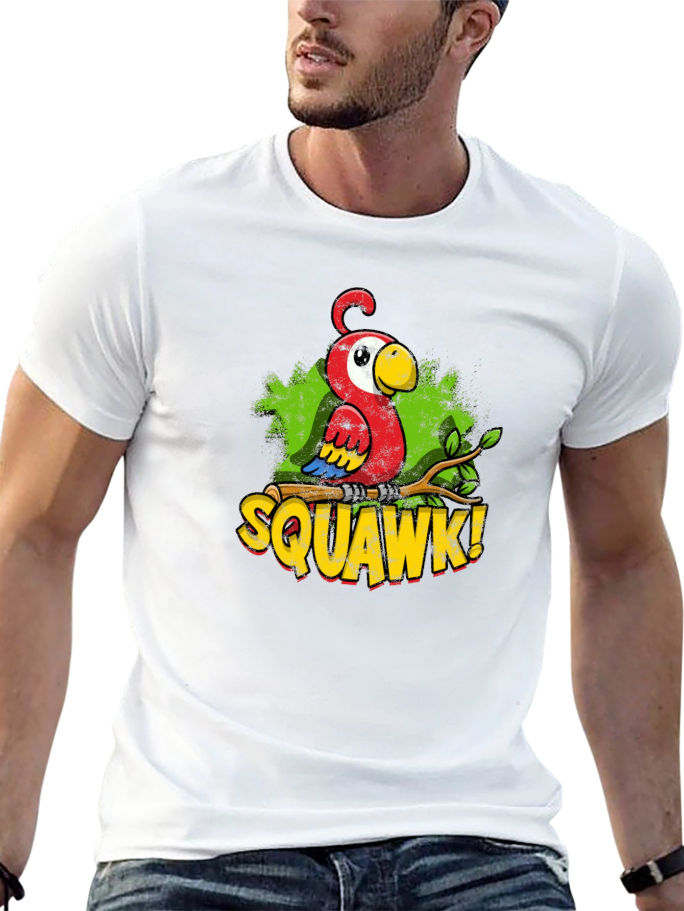 Black Funny Parrot Graphic T-Shirt - SQUAWK! Cartoon Bird Tee view 13