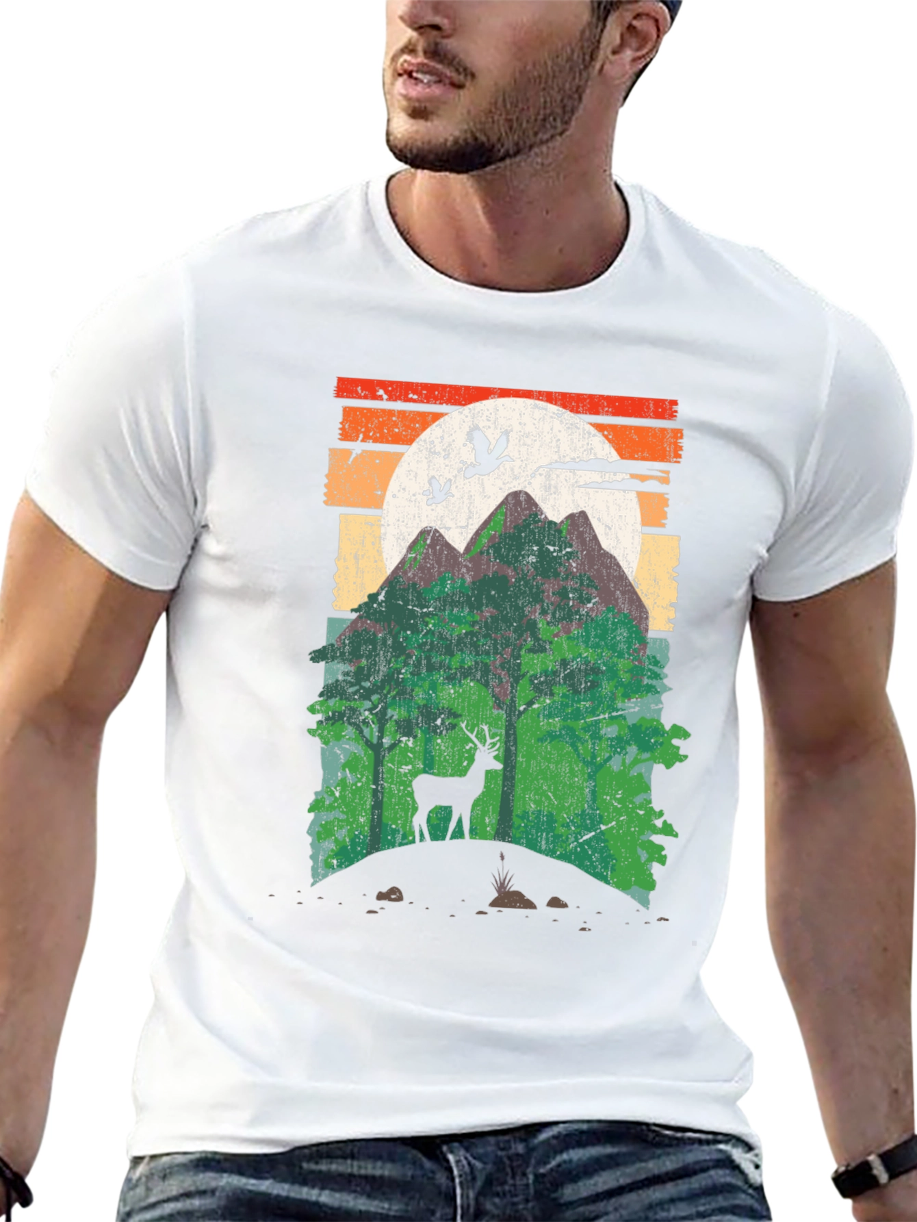 Black Retro Mountain Deer Graphic T-Shirt view 13