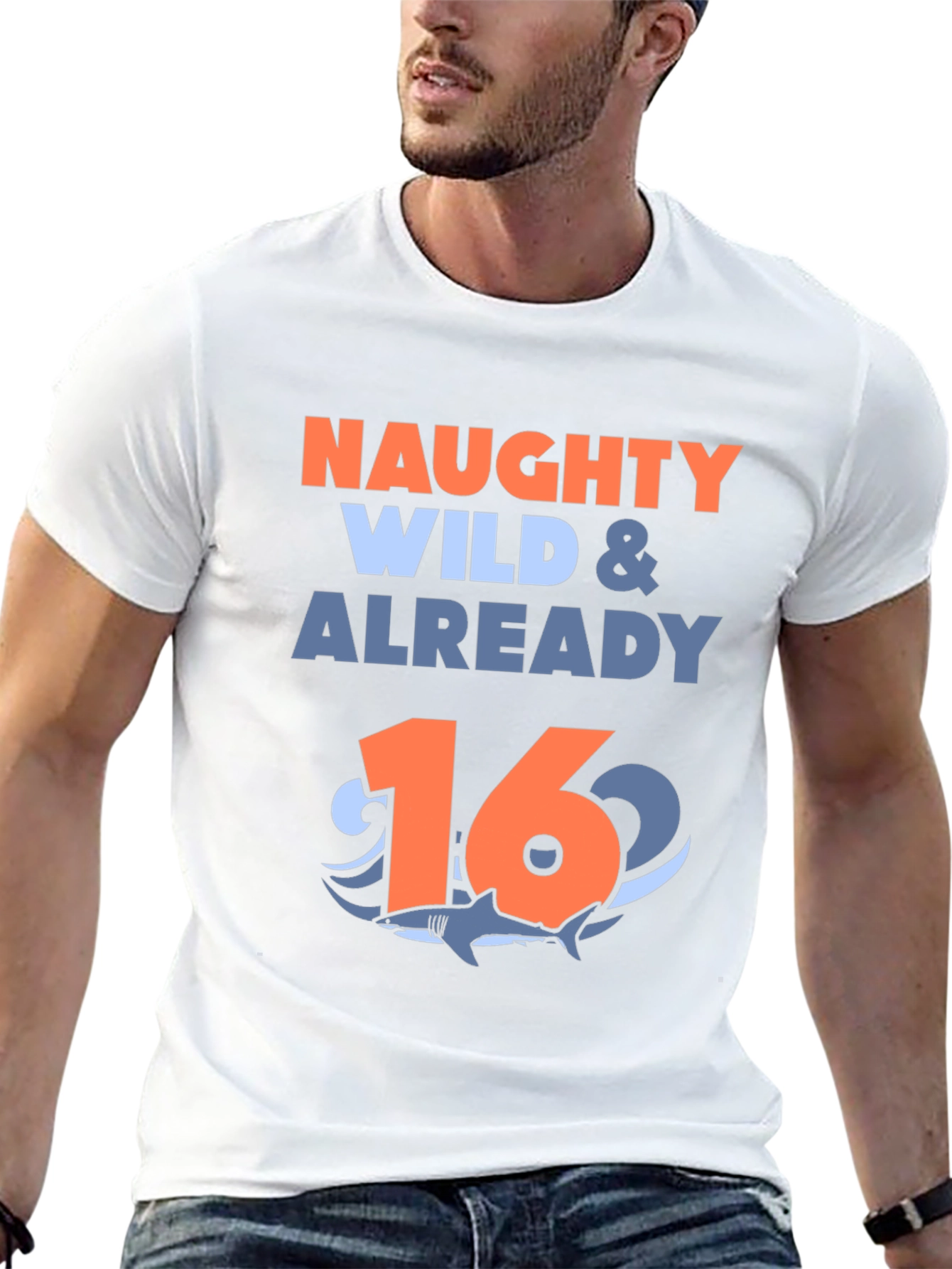 Black Naughty Wild & Already 16 Shark Birthday T-Shirt view 13