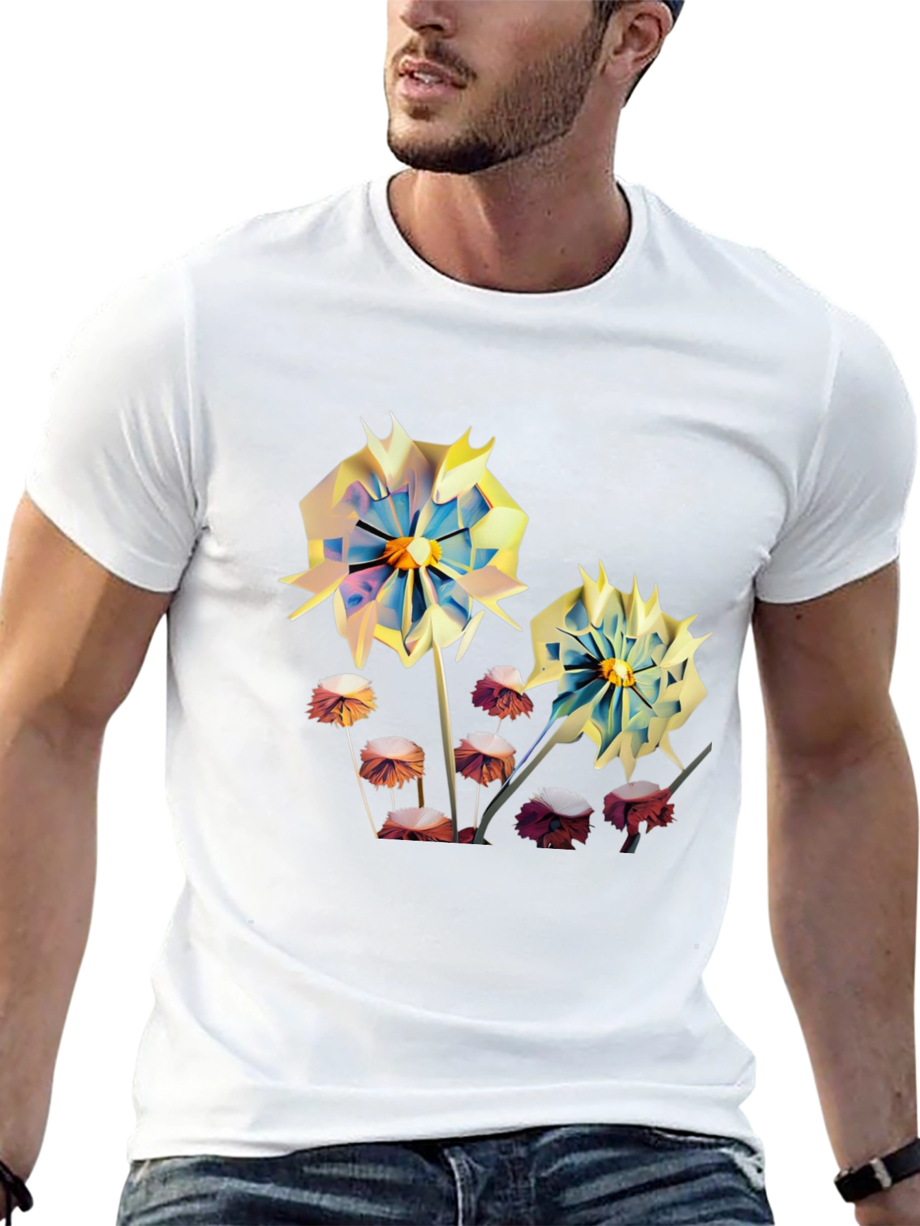 Black Floral Print Men's T-Shirt - Unique Artistic Design view 13