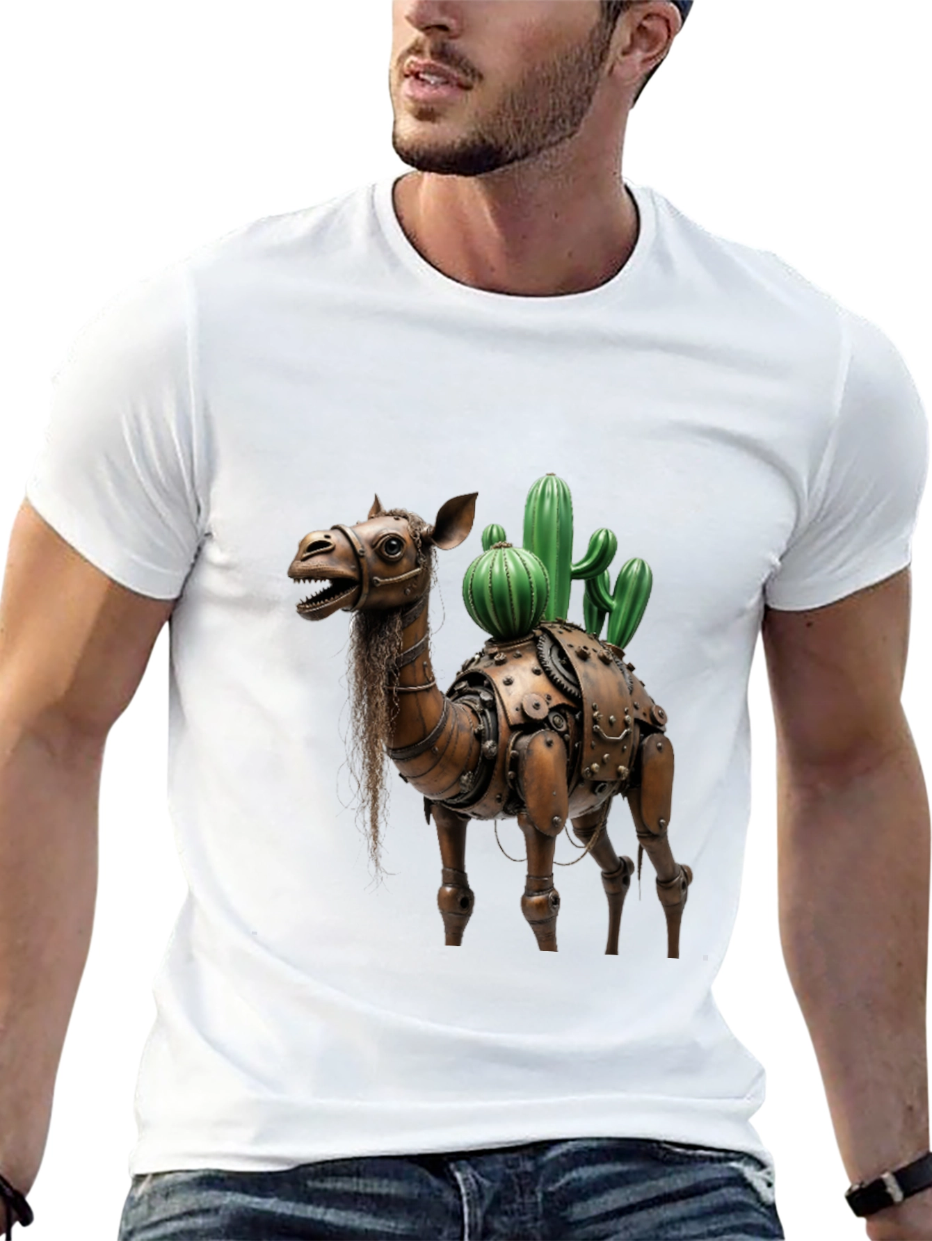 Black Steampunk Camel Cactus Graphic T-Shirt view 13