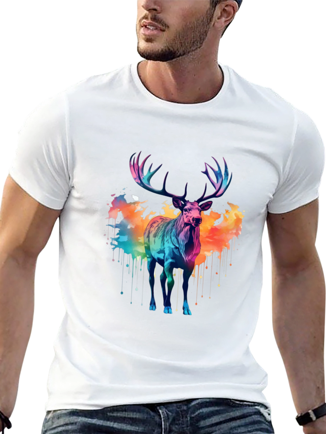 Black Colorful Watercolor Stag Graphic Tee view 13