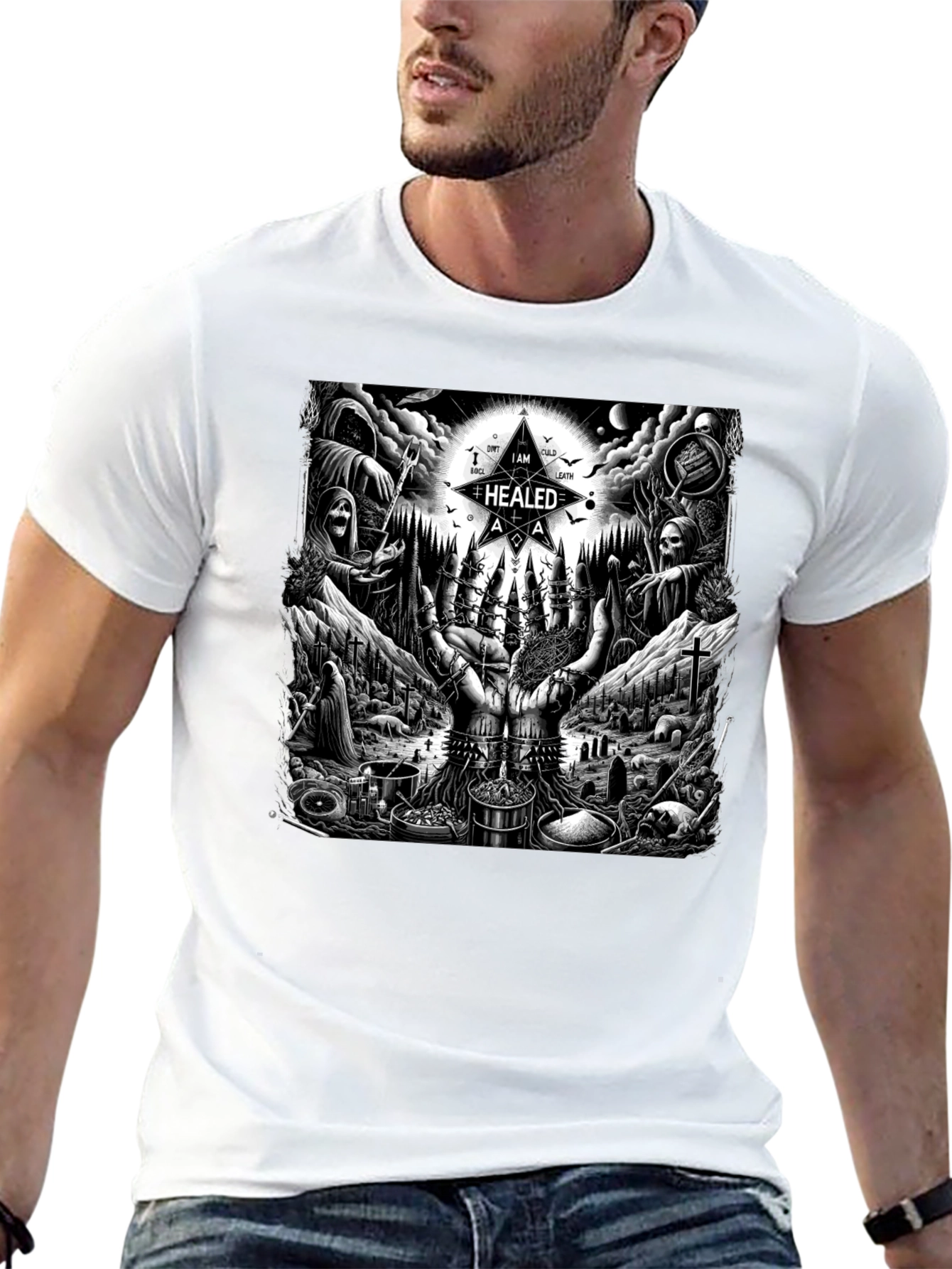 Black Occult Ritual Graphic T-Shirt - Dark Aesthetic Tee view 13