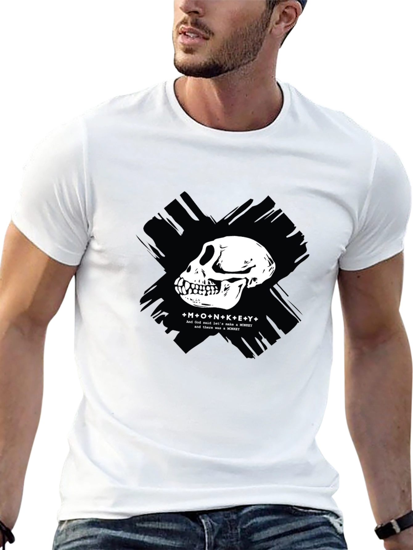 Black Monkey Skull Graphic T-Shirt - Crew Neck, Black view 13