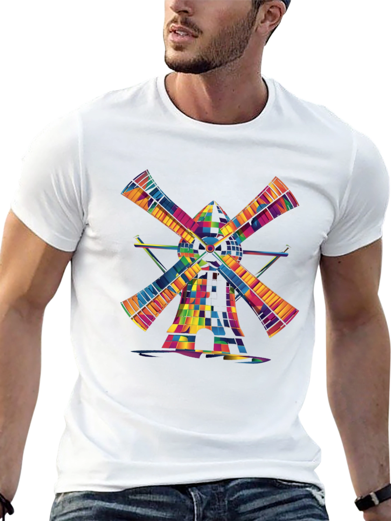 Black Colorful Windmill Graphic Tee - Modern Art Shirt view 13