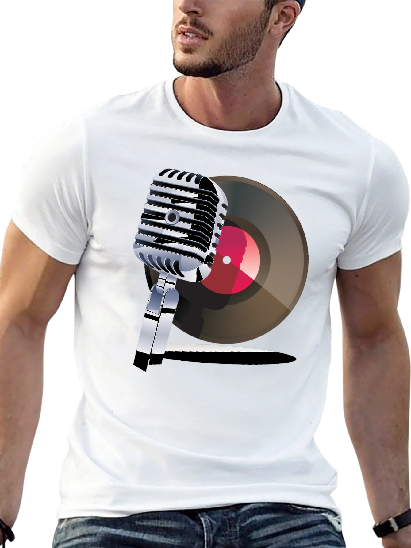 Black Retro Microphone & Record Graphic Tee view 13