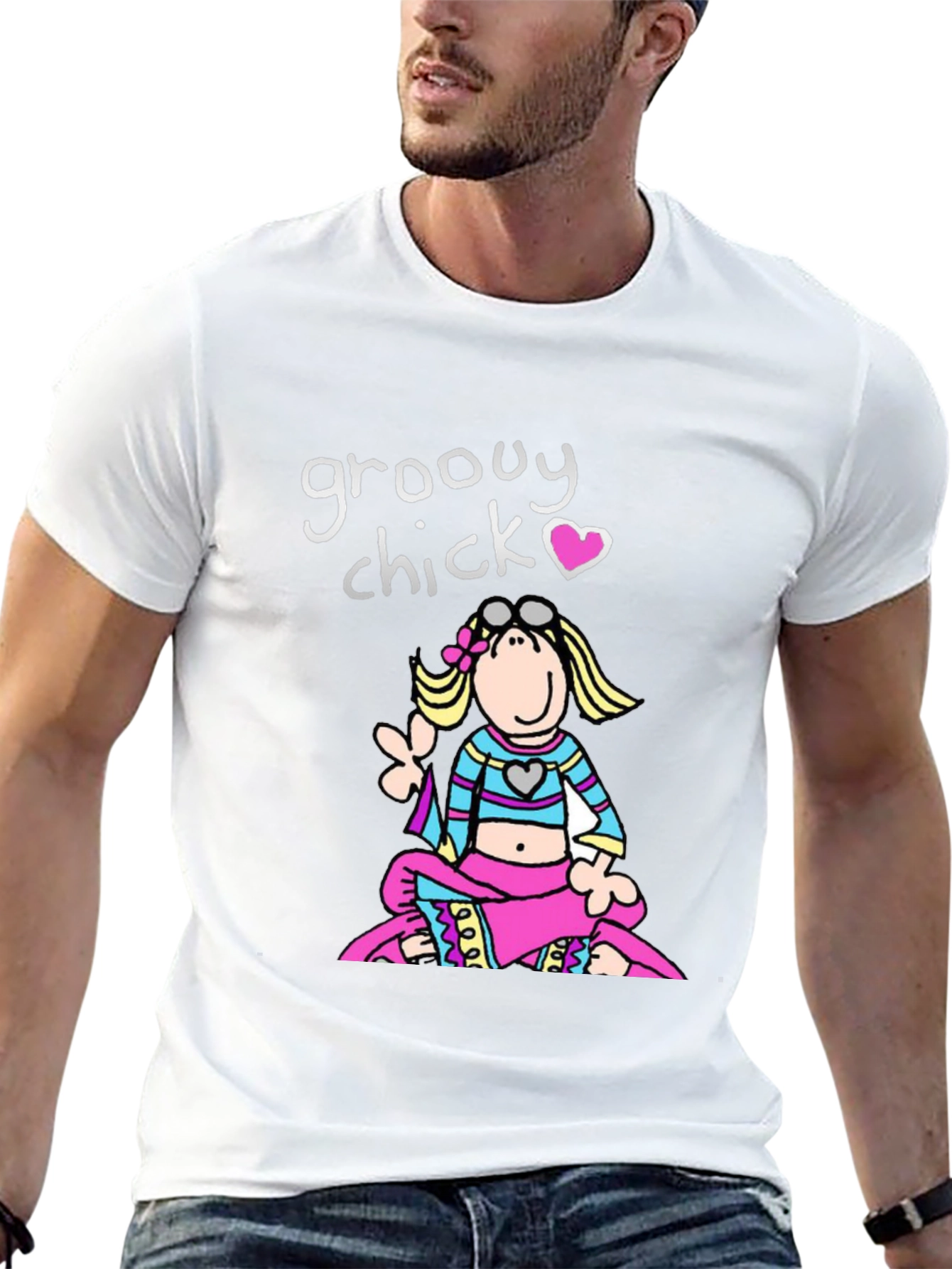 Black Groovy Chick T-Shirt - Retro Cartoon Peace view 13