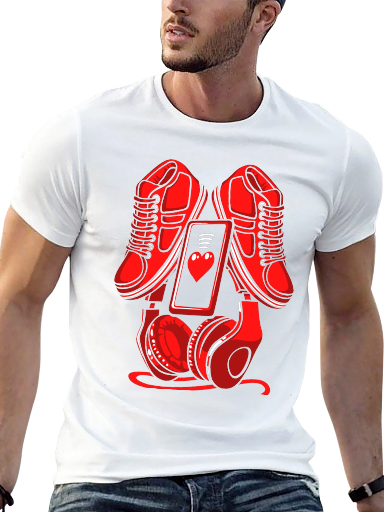 Black Red Sneakers, Phone & Headphones Graphic T-Shirt view 13