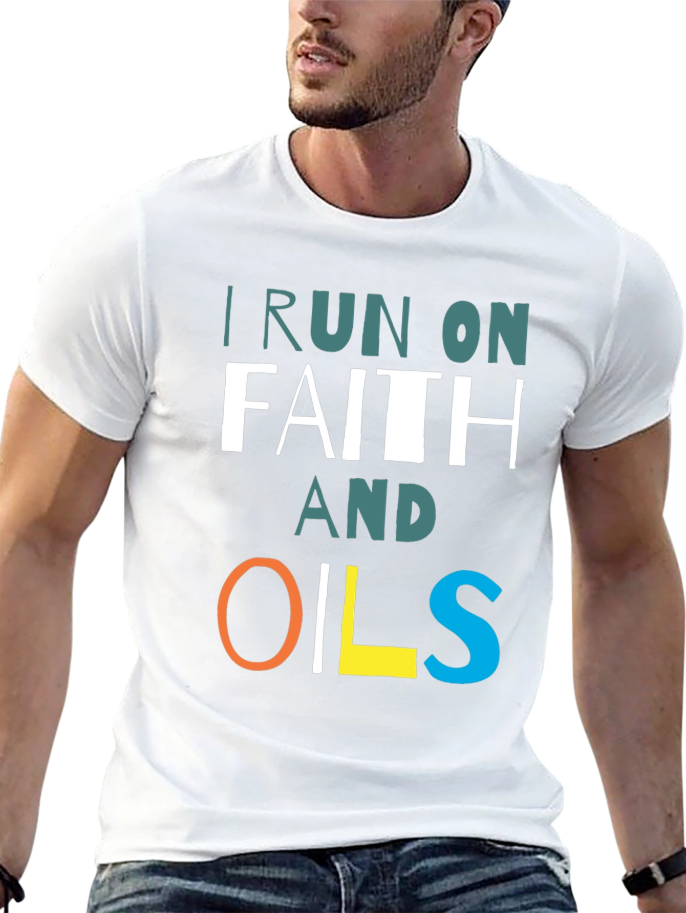 Black I Run on Faith and Oils T-Shirt view 13