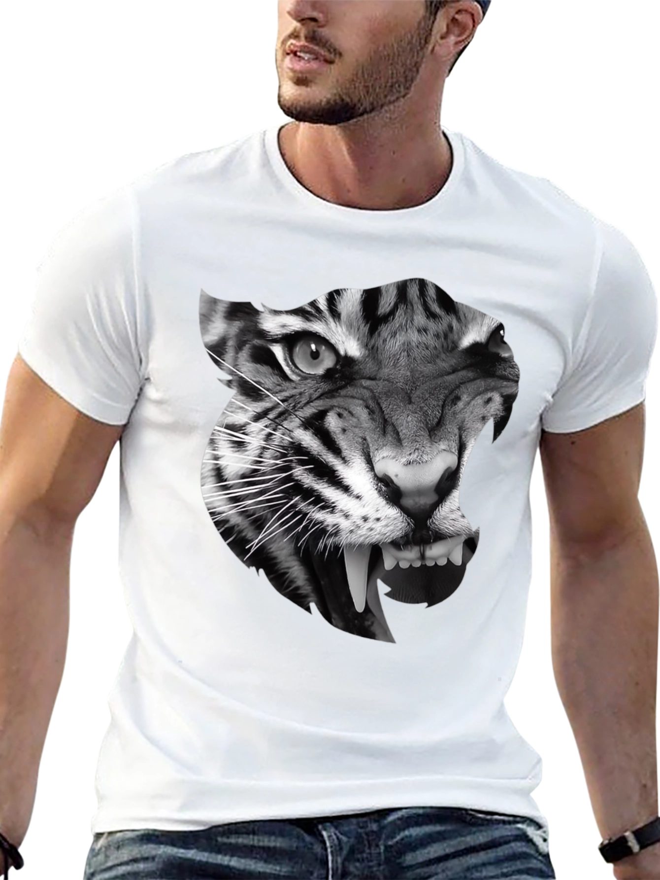 Black Men's Black T-Shirt with Tiger Graphic view 13