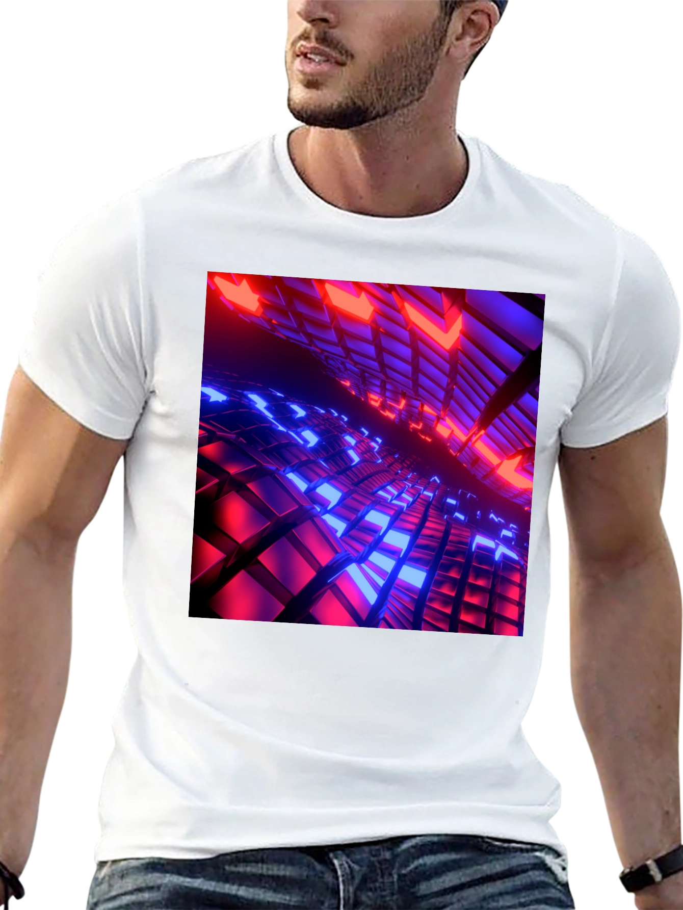 Black Cyber Grid T-Shirt: Red & Blue 3D Block Design view 13