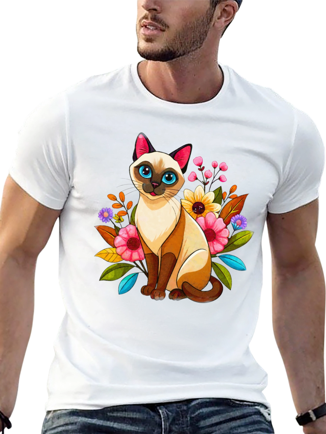 Black Floral Cat Graphic Tee - Unique Design view 13