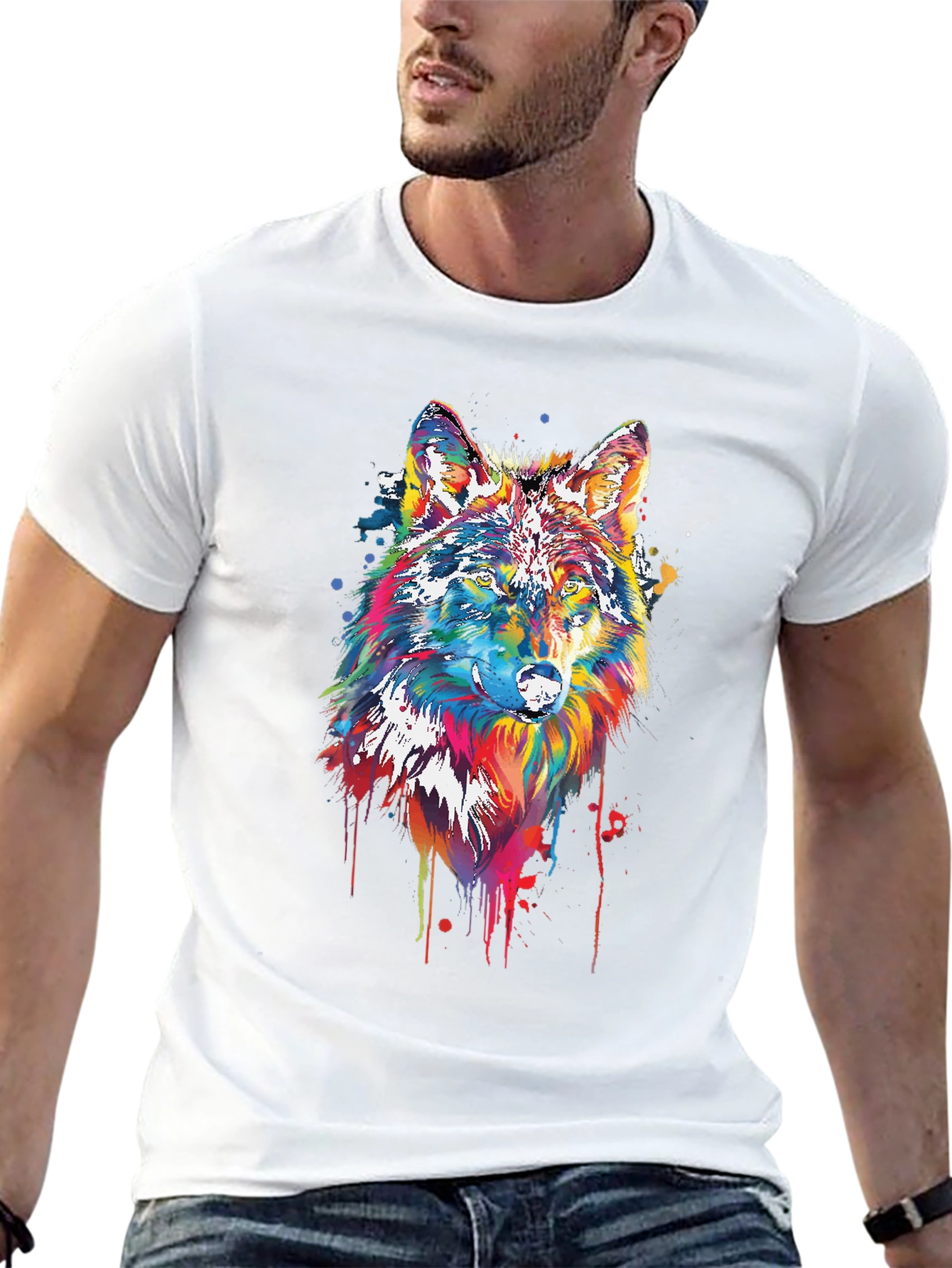 Black Colorful Wolf Graphic Tee - Black Cotton Blend view 13