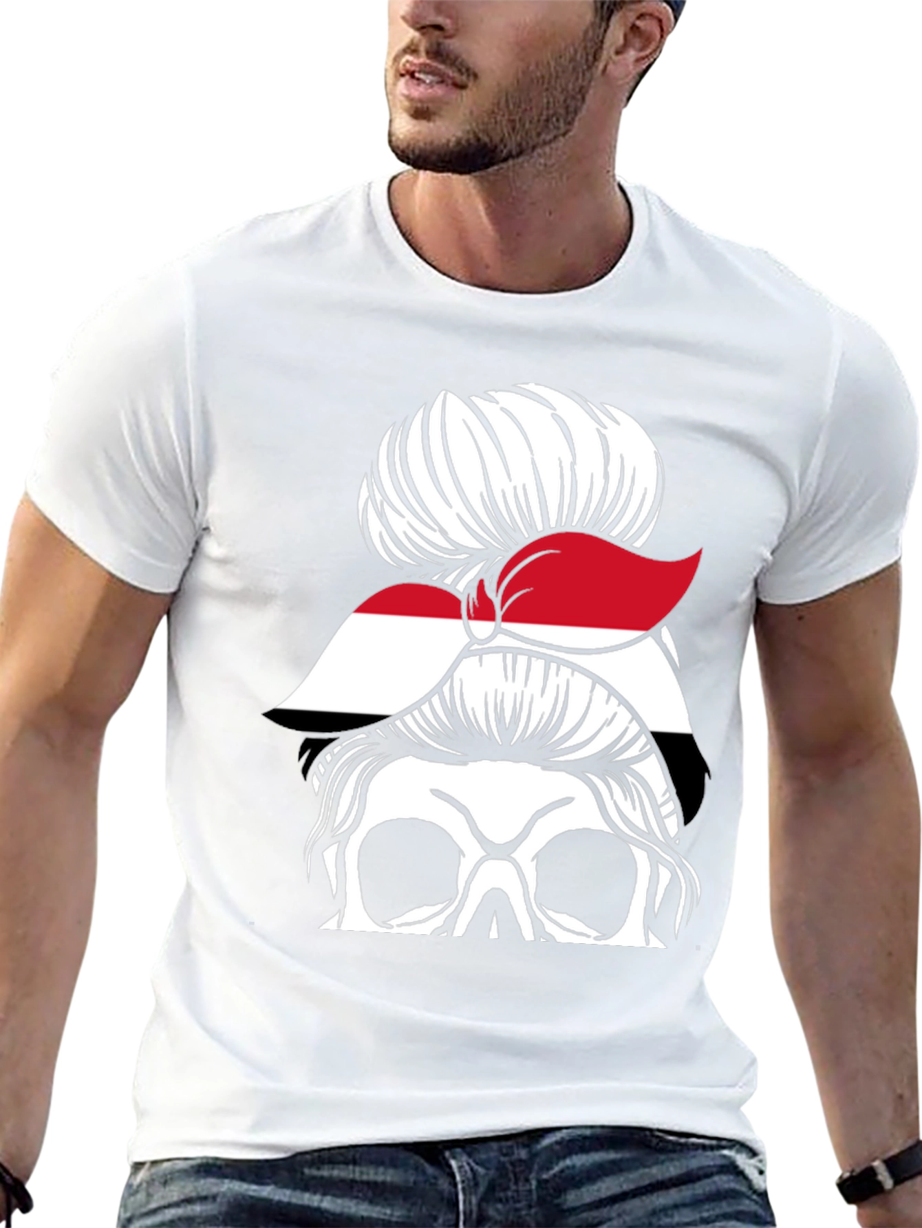 Messy Bun Yemen Flag Skull T-Shirt - 13