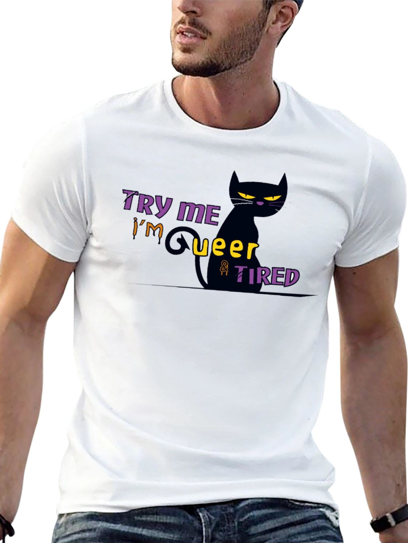 Black Try Me I'm Queer & Tired Black Cat T-Shirt view 13