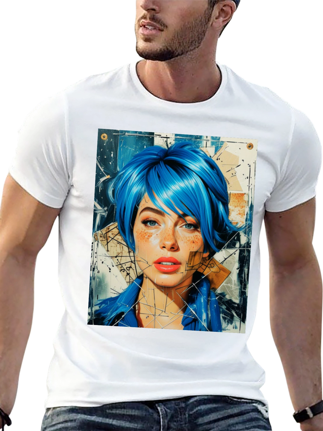 Abstract Blue Hair Woman Graphic Tee - 13