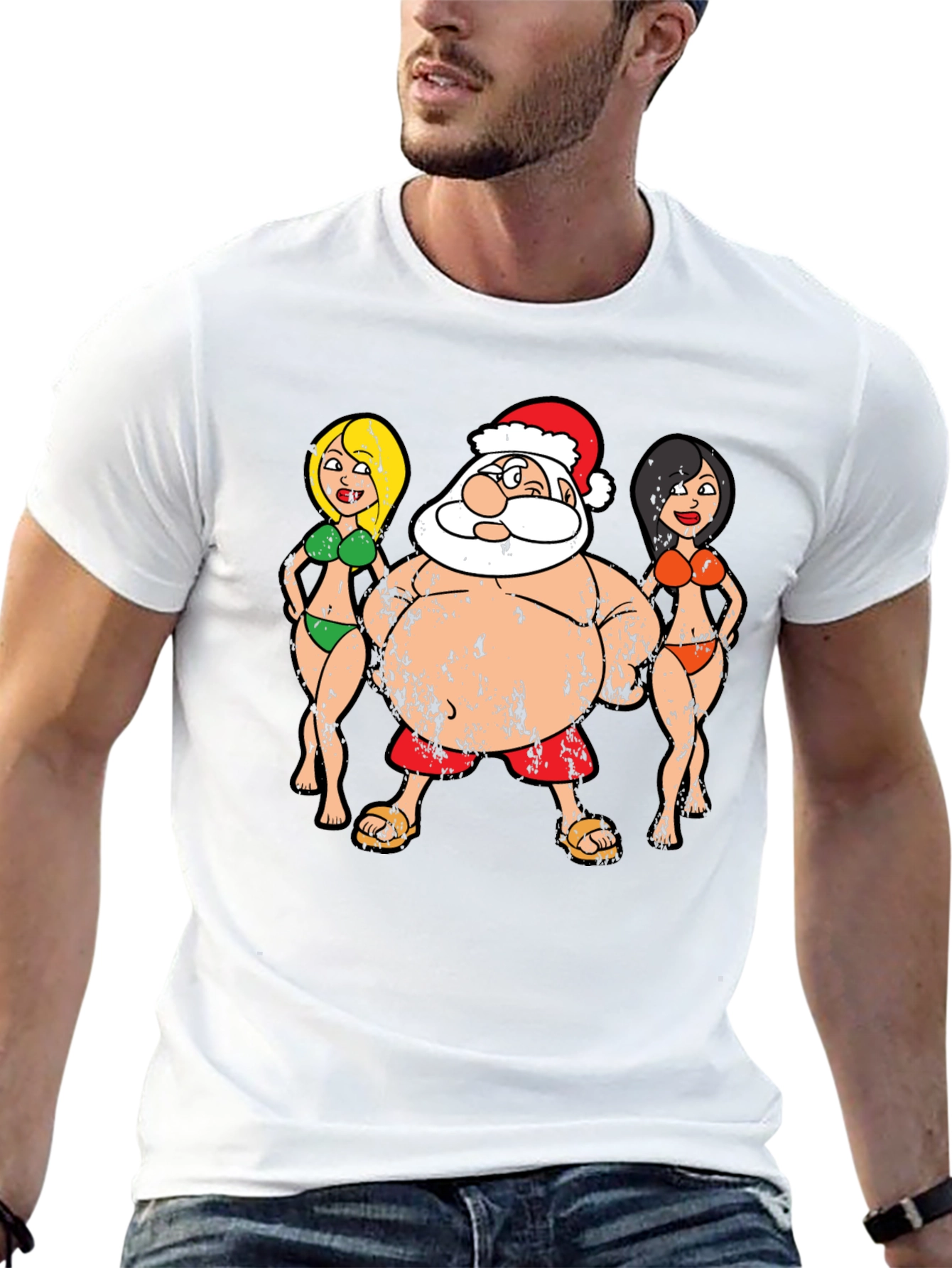 Black Funny Santa and Bikini Girls Graphic Tee view 13