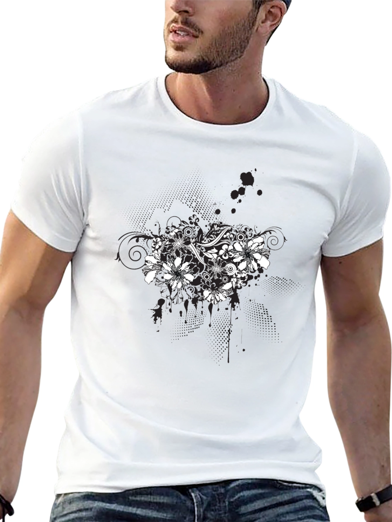 Black Floral Graphic Black T-Shirt for Men view 13