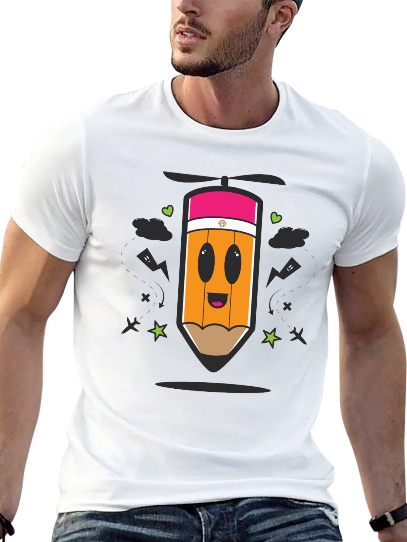 Black Cartoon Pencil Helicopter Graphic T-Shirt view 13