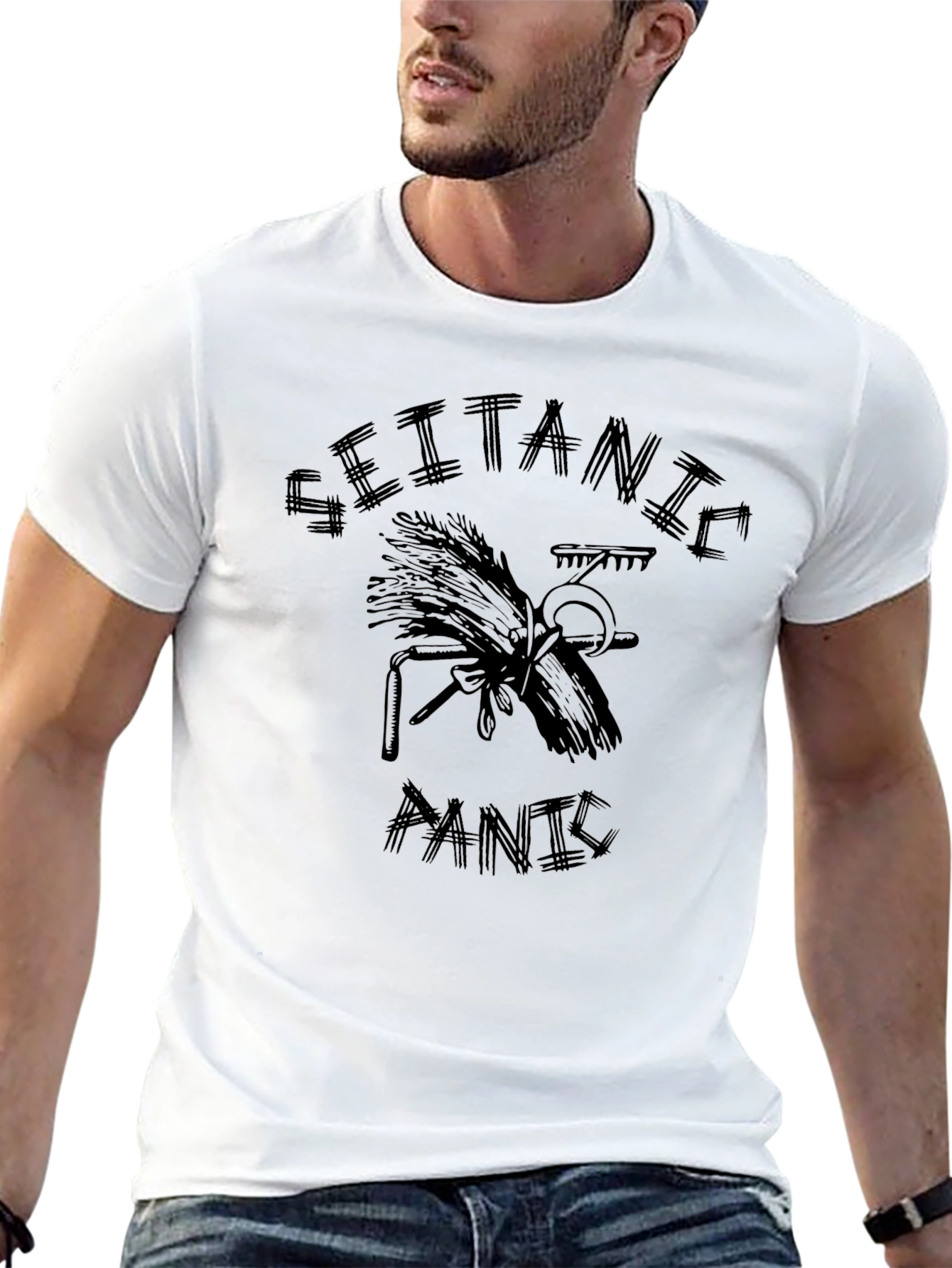Black Seitanic Panic T-Shirt - Vegan Humor Tee view 13