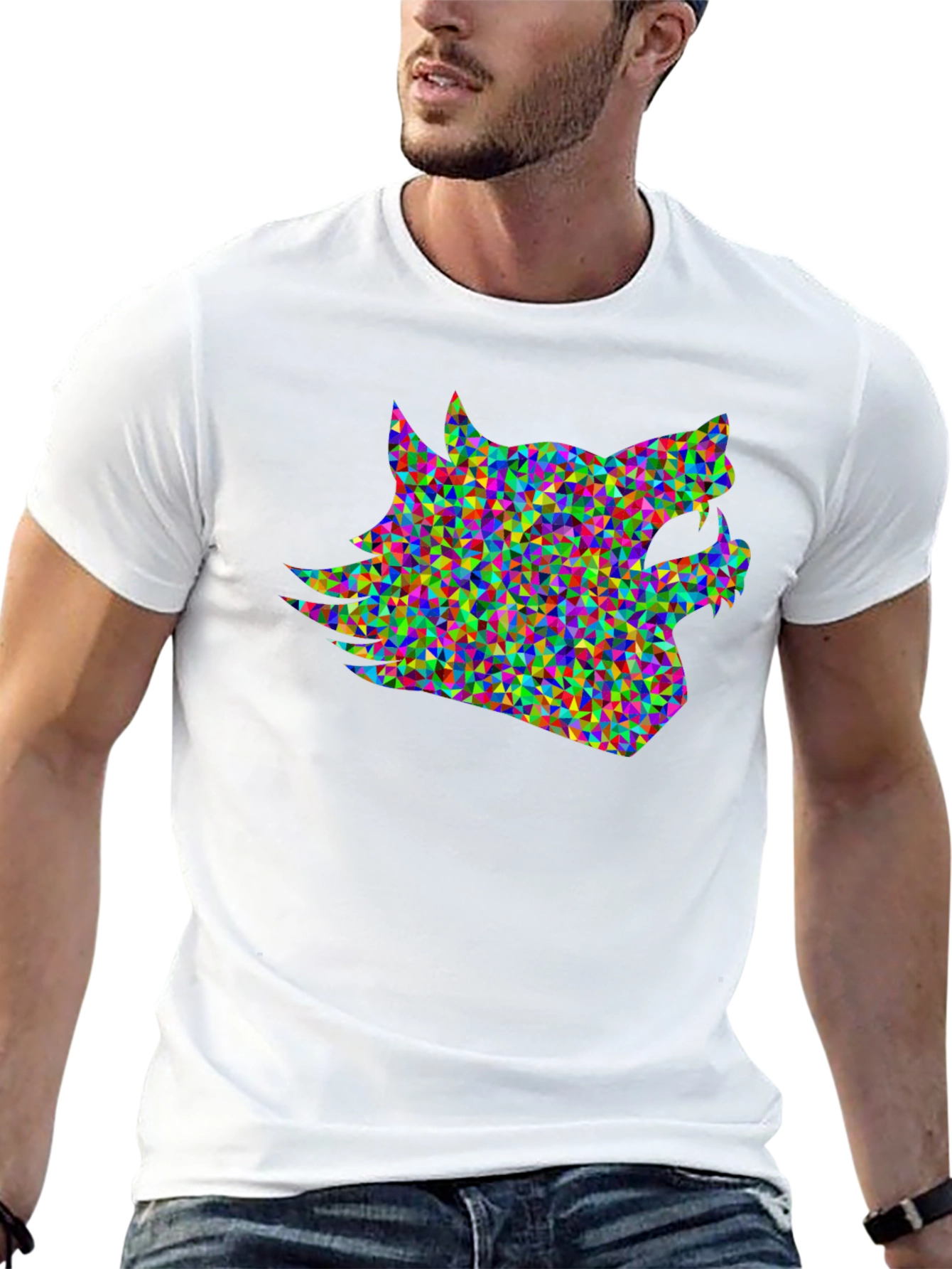 Black Geometric Wolf Head T-Shirt - Modern Abstract Design view 13