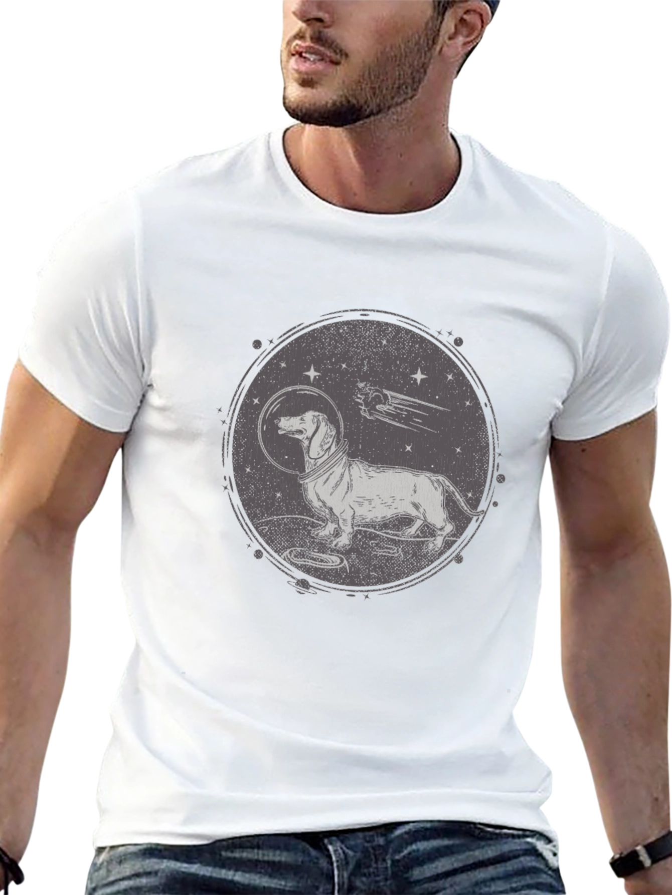 Black Dachshund Astronaut Graphic T-Shirt - Black Crew Neck view 13