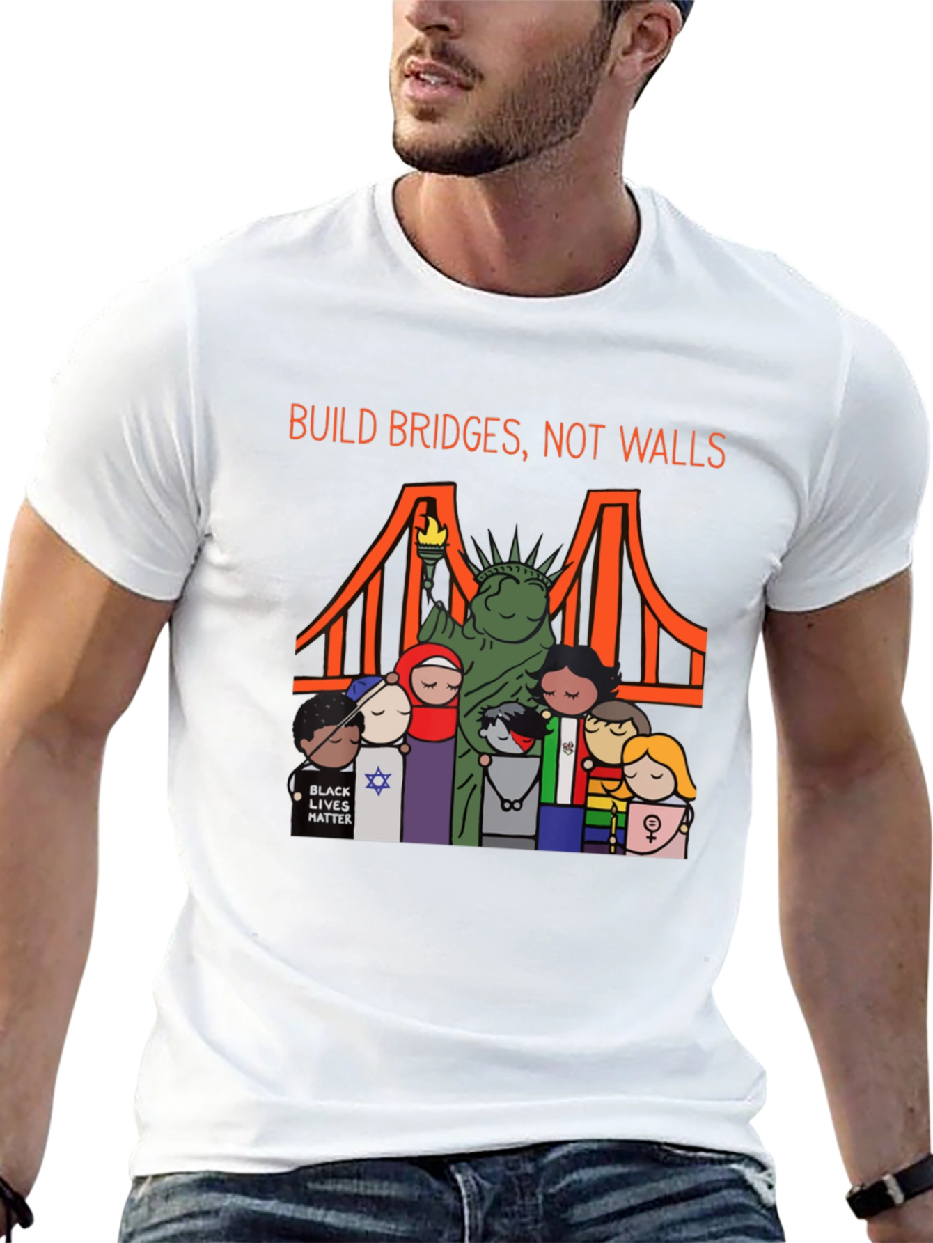 Black Build Bridges Not Walls Diversity Graphic Tee view 13