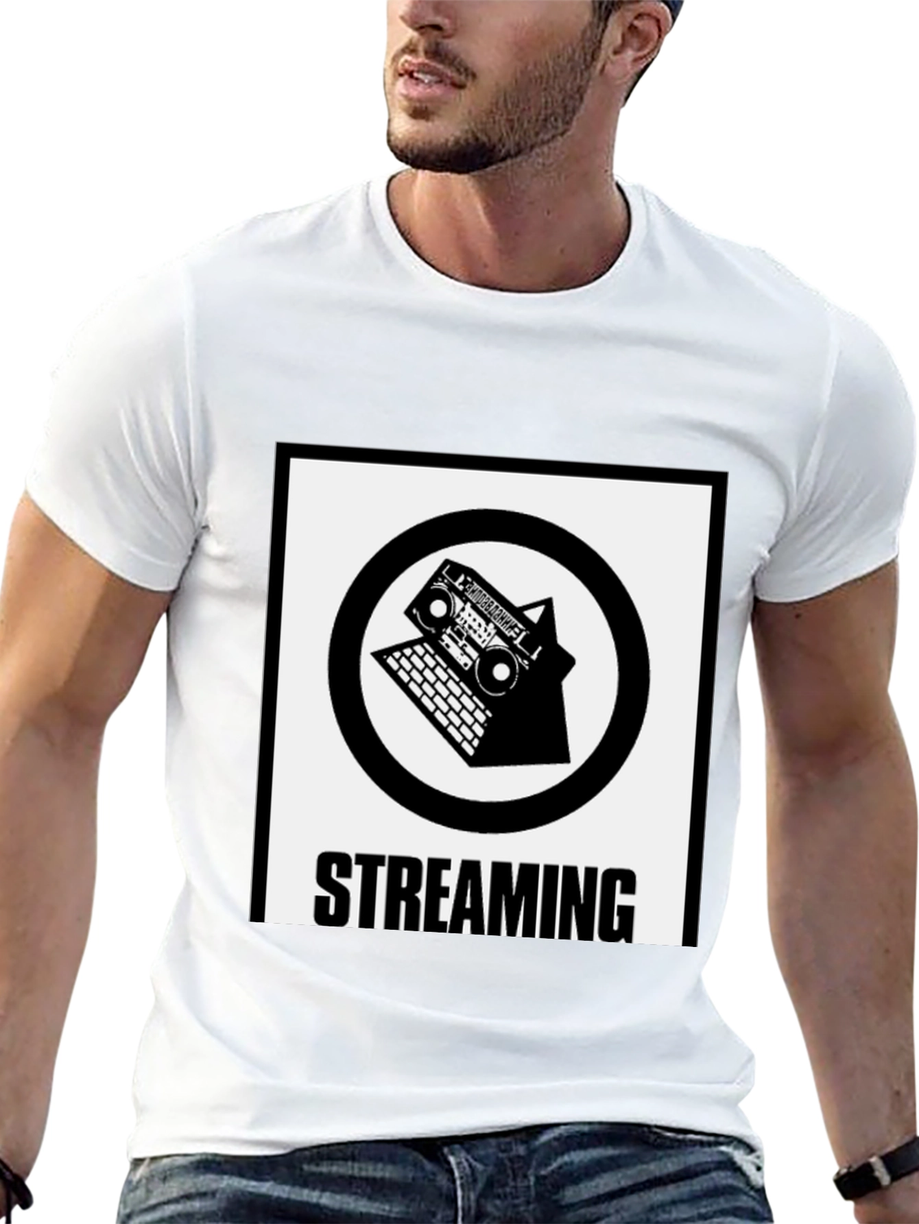 Black Streaming T-Shirt: Boombox & Laptop Design view 13