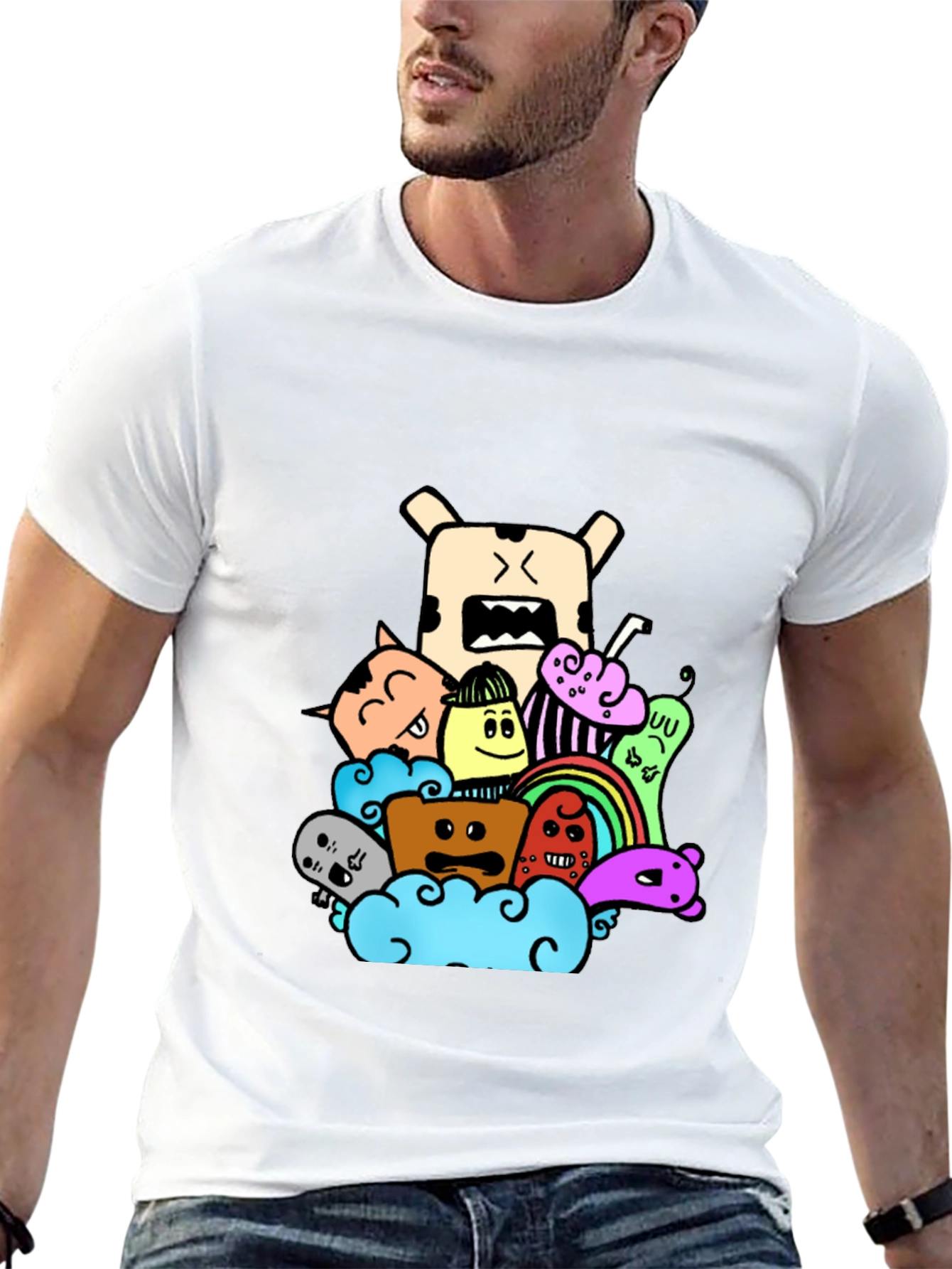 Black Doodle Cartoon Graphic Print Black T-Shirt view 13