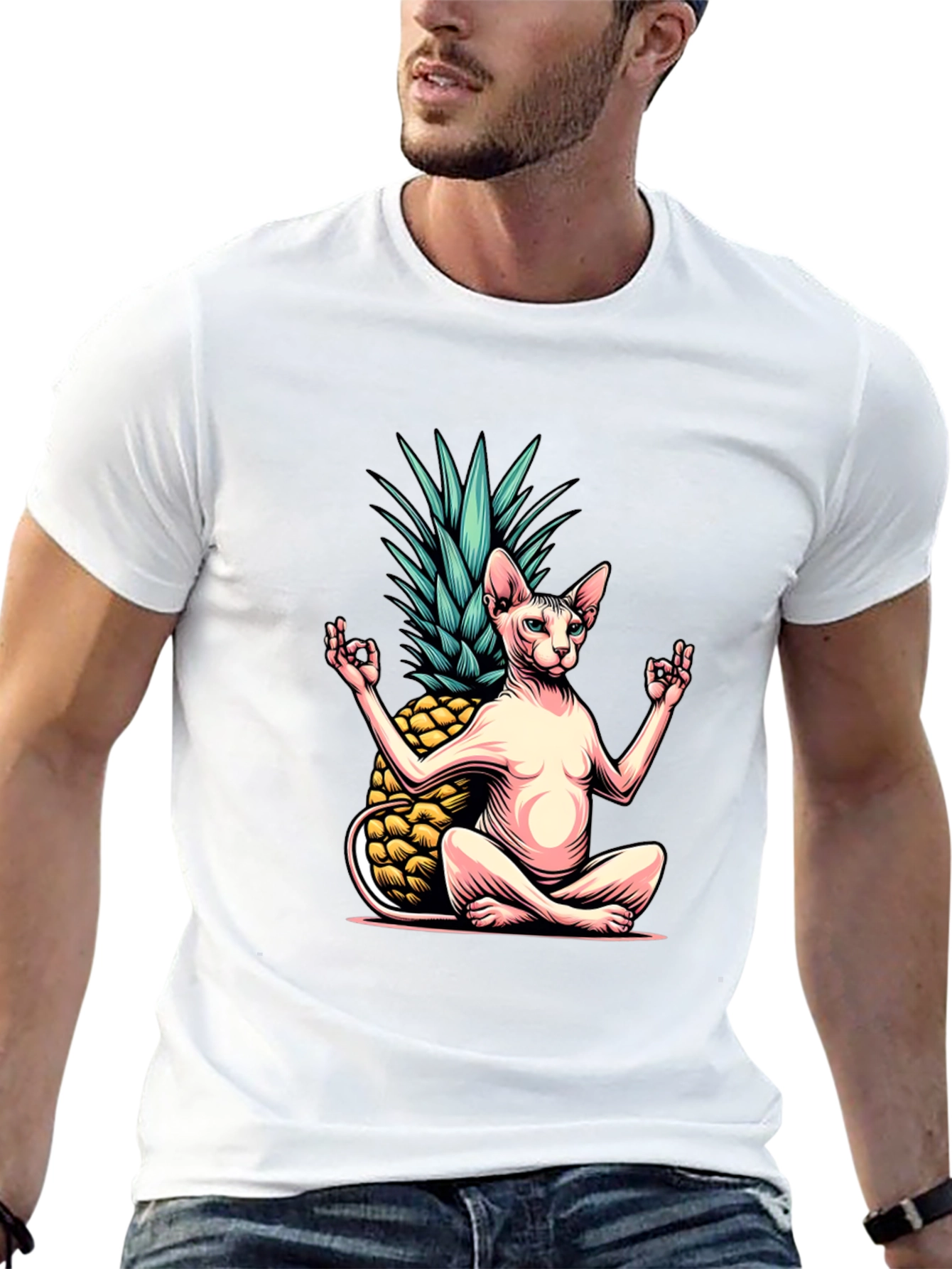 Black Zen Cat Pineapple T-Shirt - Meditating Sphynx Tee view 13