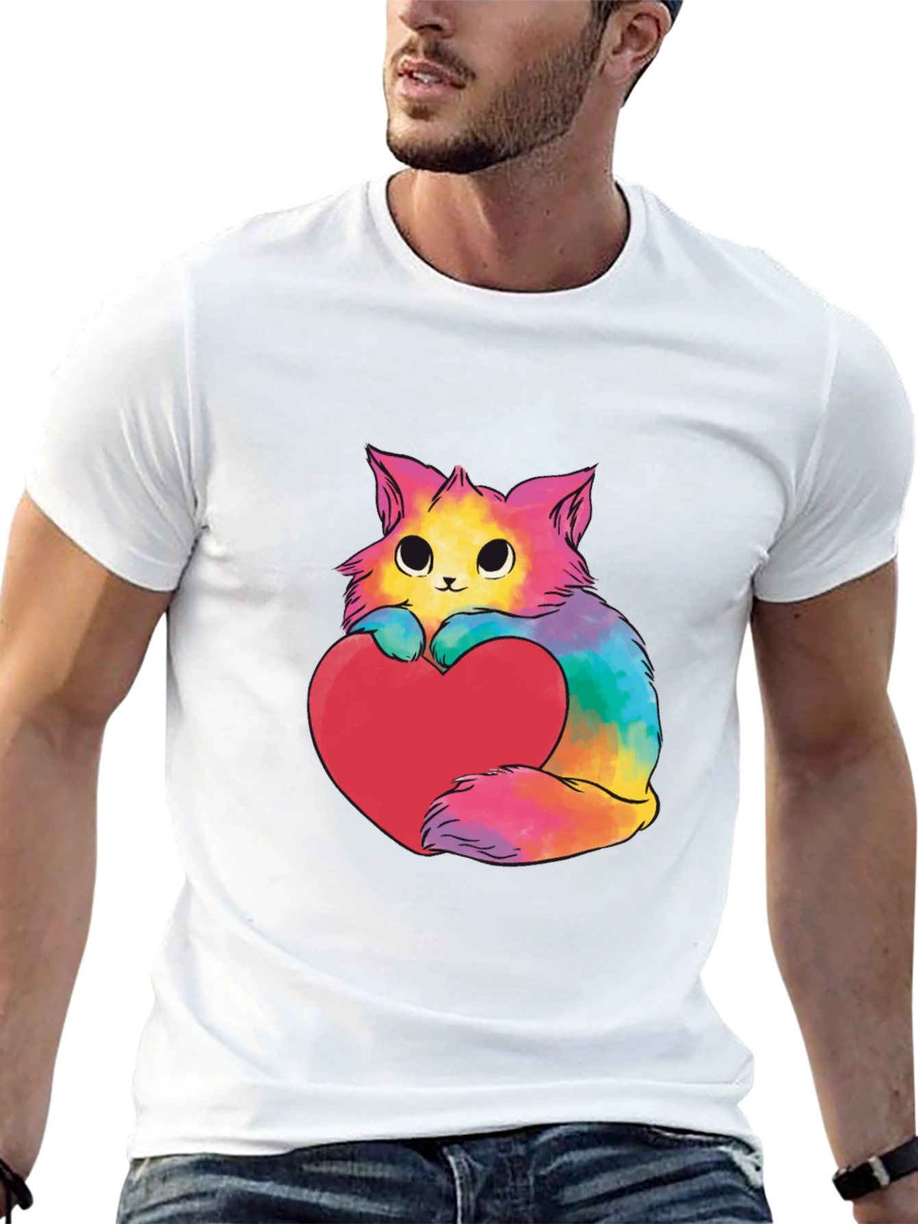Black Rainbow Cat Heart Graphic Tee - Unisex view 13