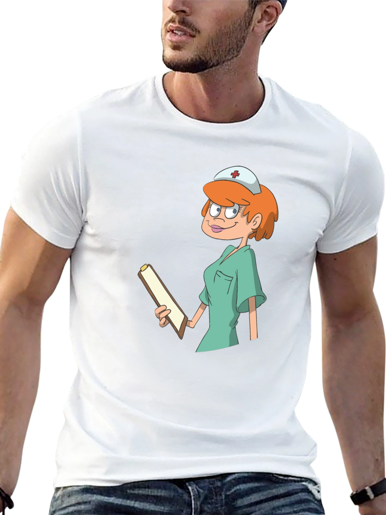 Black Cartoon Nurse Graphic Tee - Unisex Cotton T-Shirt view 13